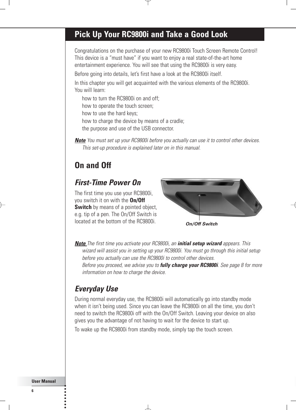 Pick up your rc9800i and take a good look, On and off, First-time power on | Everyday use | Philips RC 9800i User Manual | Page 6 / 62