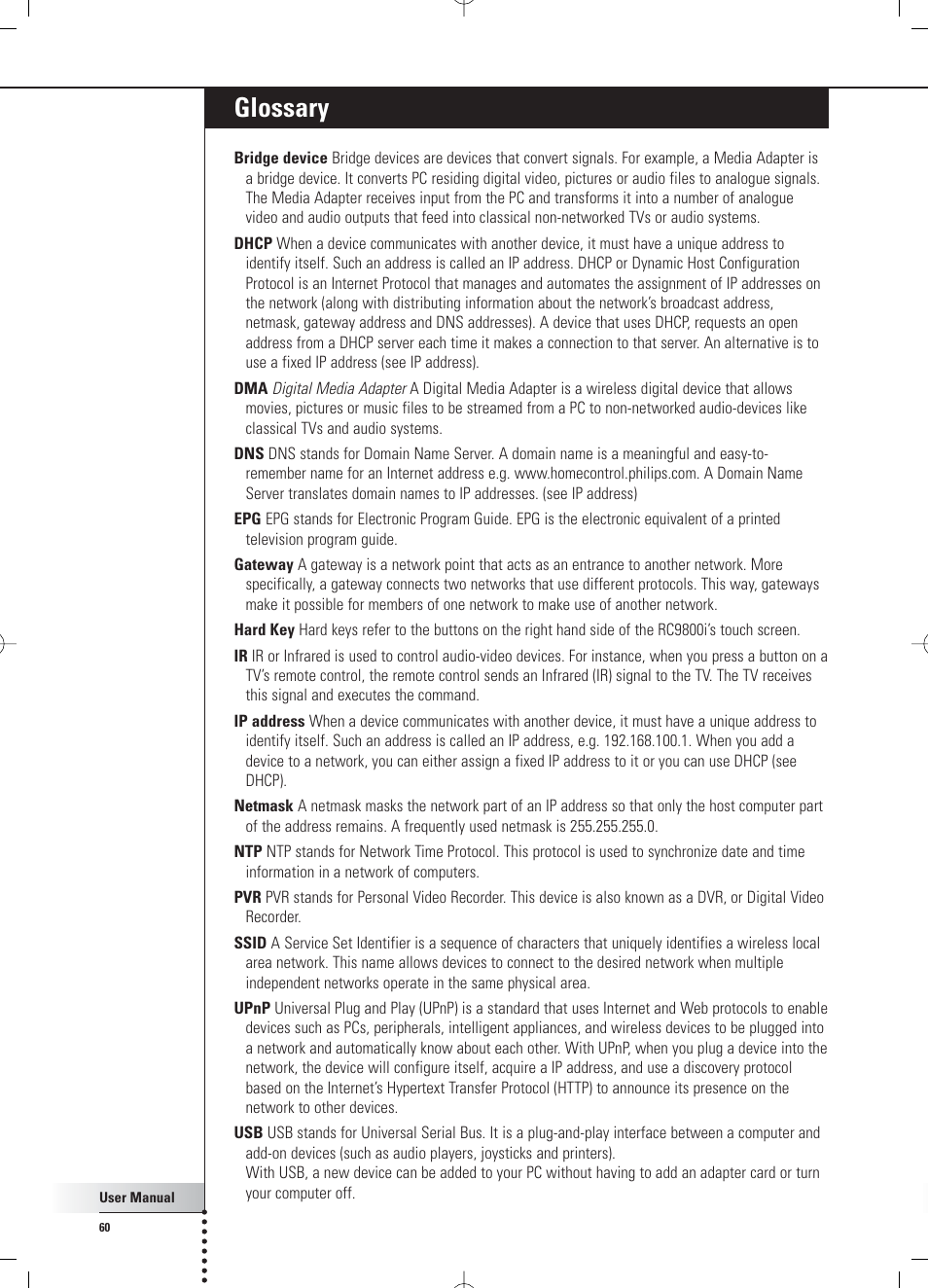 Glossary | Philips RC 9800i User Manual | Page 60 / 62