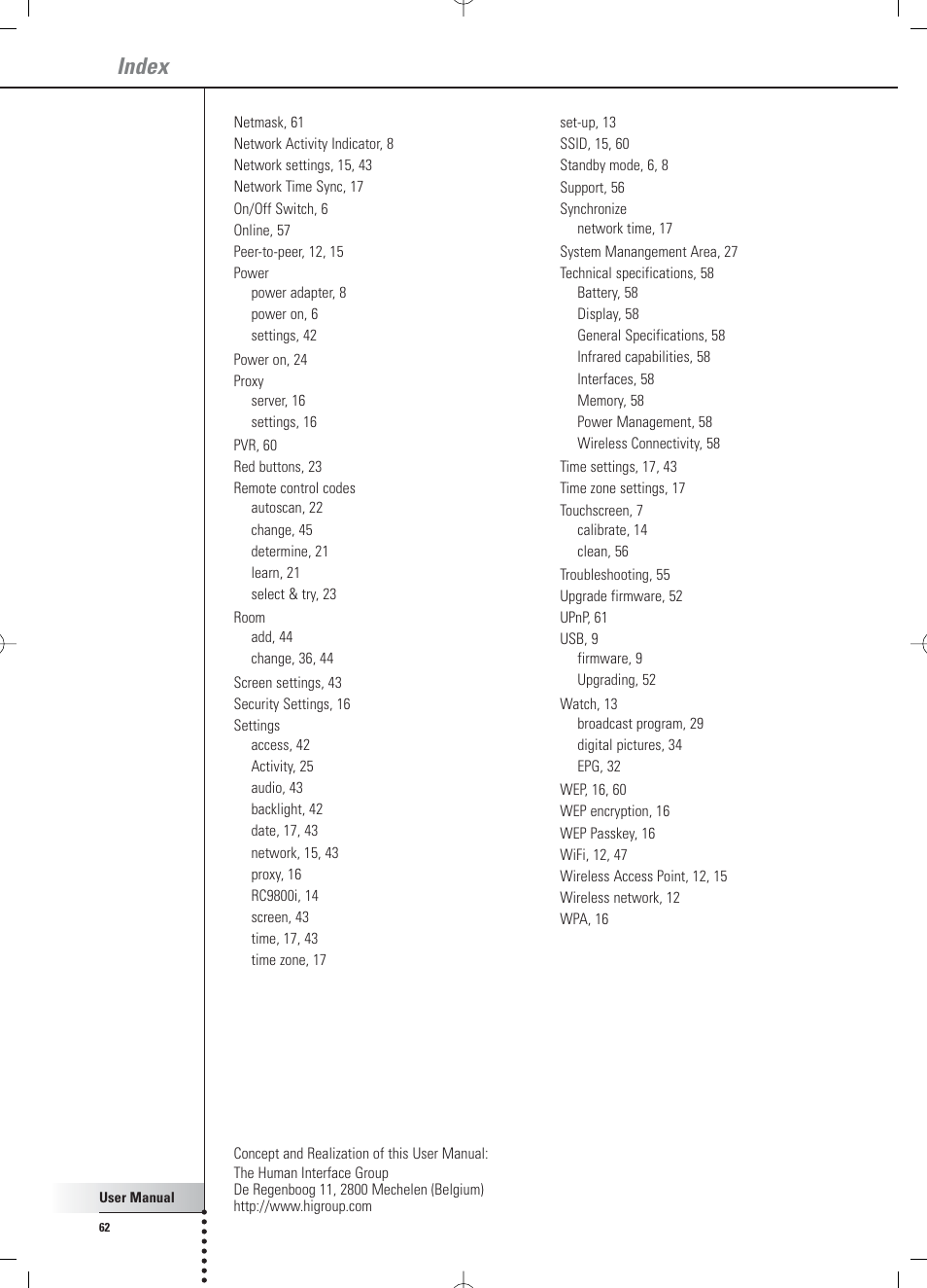 Index | Philips RC 9800i User Manual | Page 62 / 62