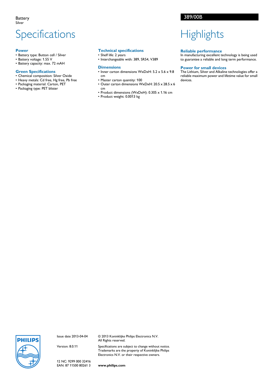 Specifications, Highlights | Philips Silver 389 User Manual | Page 2 / 2