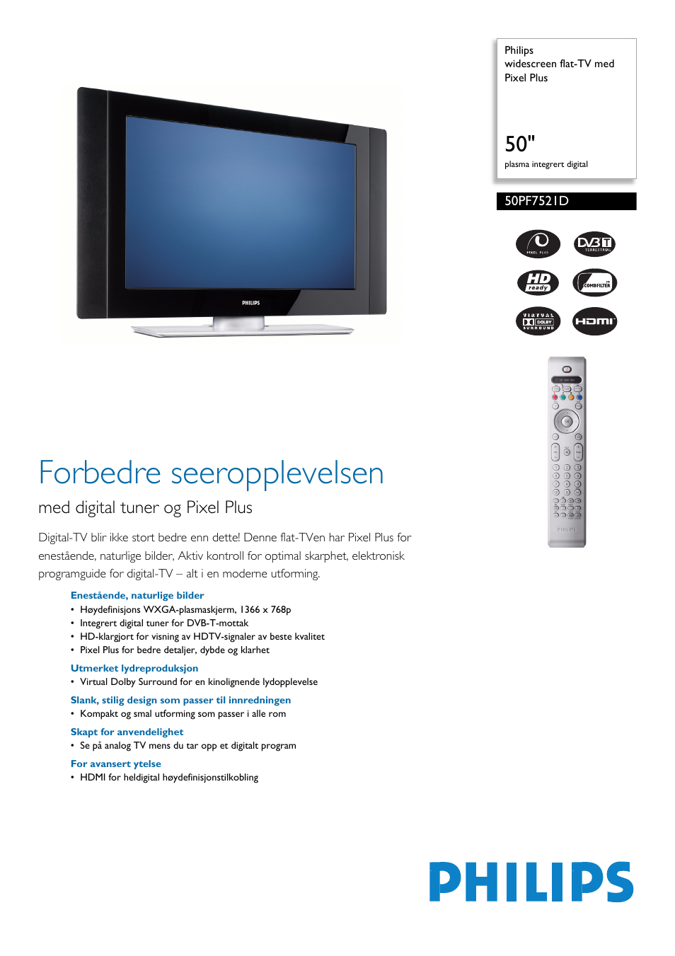 Philips WXGA-PLASMASKJERM 50PF7521D User Manual | 3 pages