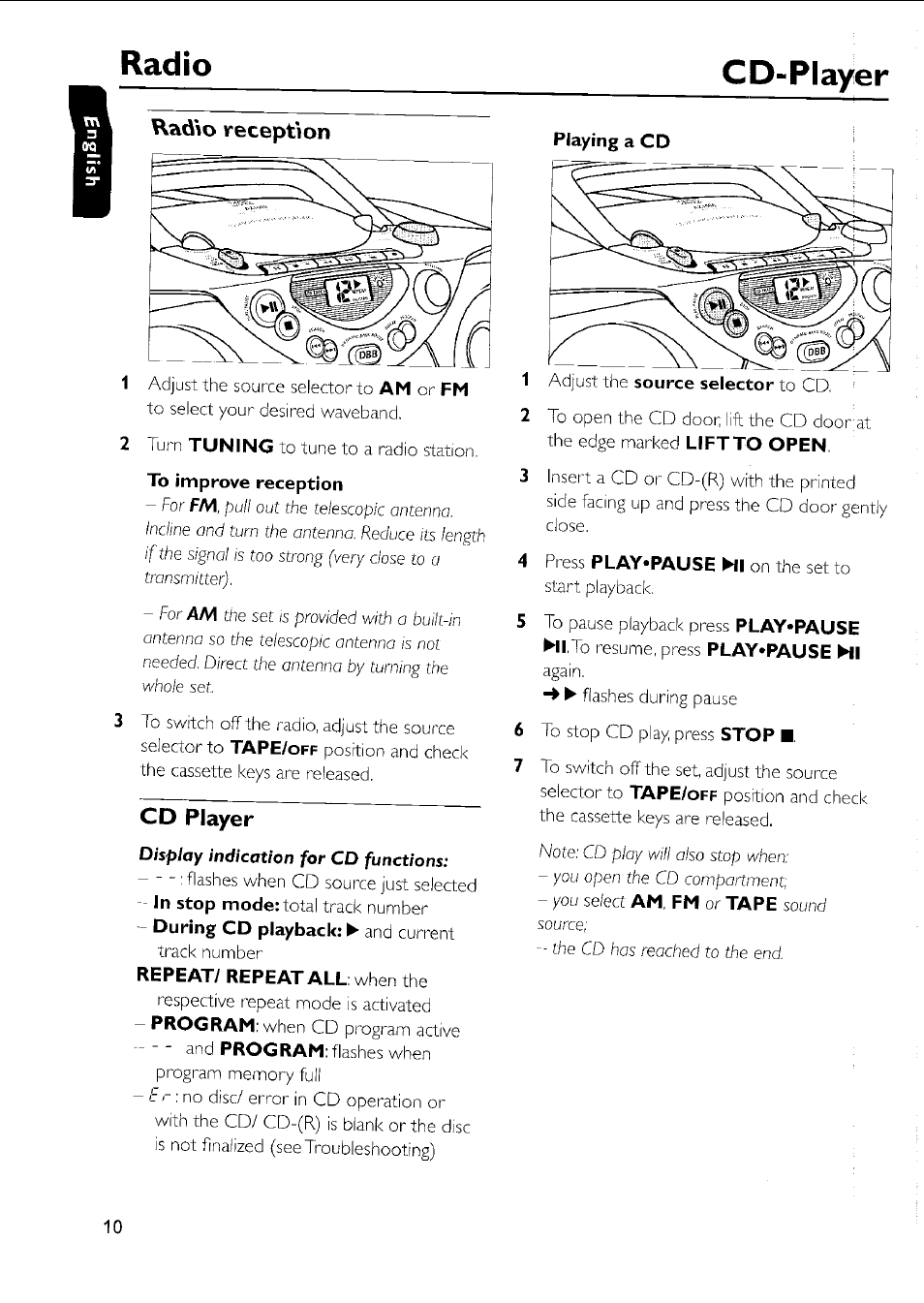 Radio, Cd-player, Radio cd-player | V\atìio reception, Cd player | Philips AZ 1011 User Manual | Page 10 / 42