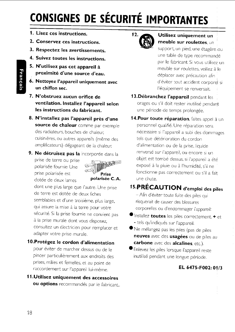 Consignes de securite importantes, Précaution | Philips AZ 1011 User Manual | Page 18 / 42