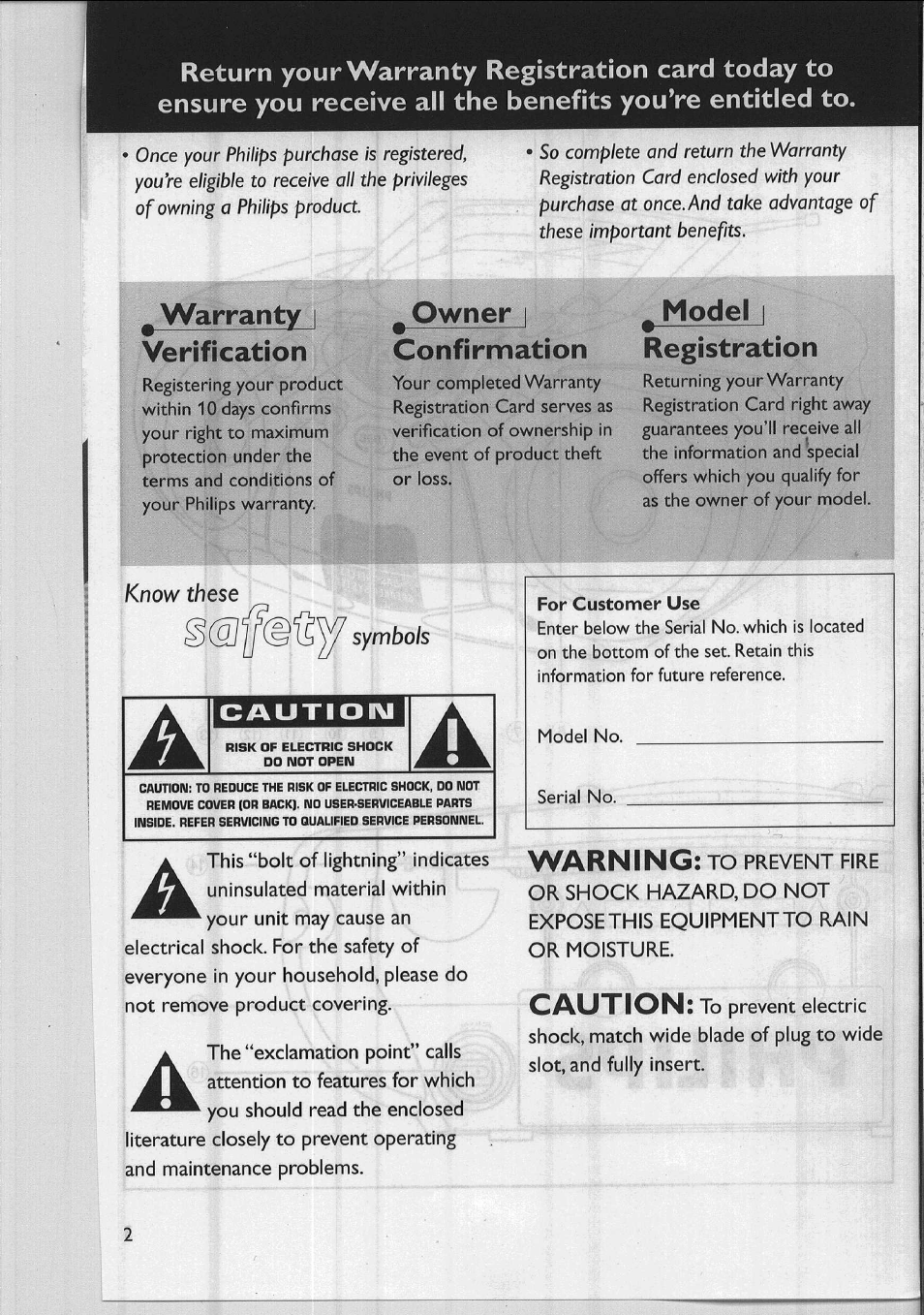 Warranty i verification, Owner i confirmation, Model i registration | Warning, Caution | Philips AZ 1011 User Manual | Page 2 / 42