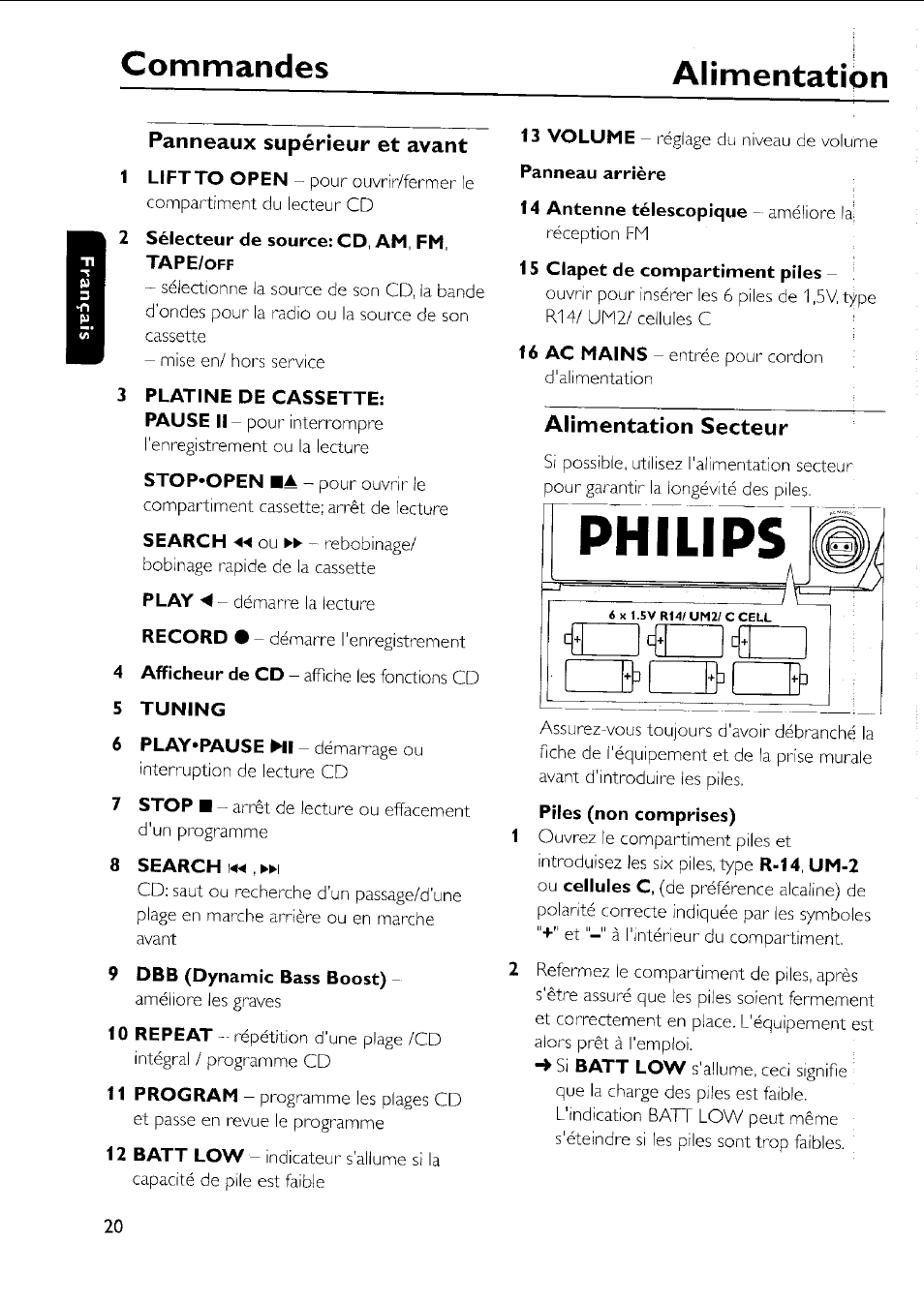 Commandes, Alimentation, Commandes alimentation | 8 search, Panneaux supérieur et avant, Alimentation secteur | Philips AZ 1011 User Manual | Page 20 / 42