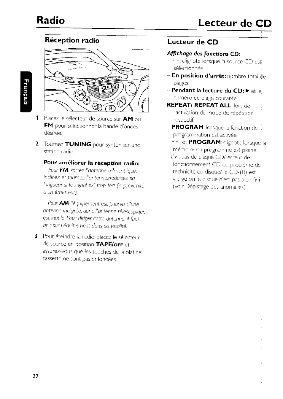 Radio lecteur de gd, Réception radio, Lecteur de cd | Philips AZ 1011 User Manual | Page 22 / 42