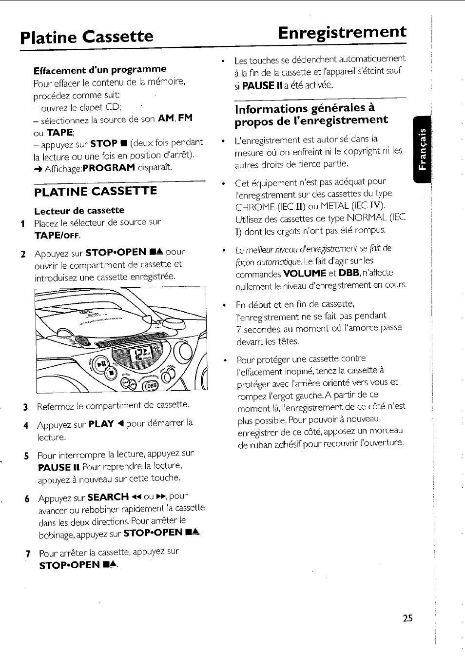 Platine cassette enregistrement, Platine cassette | Philips AZ 1011 User Manual | Page 25 / 42