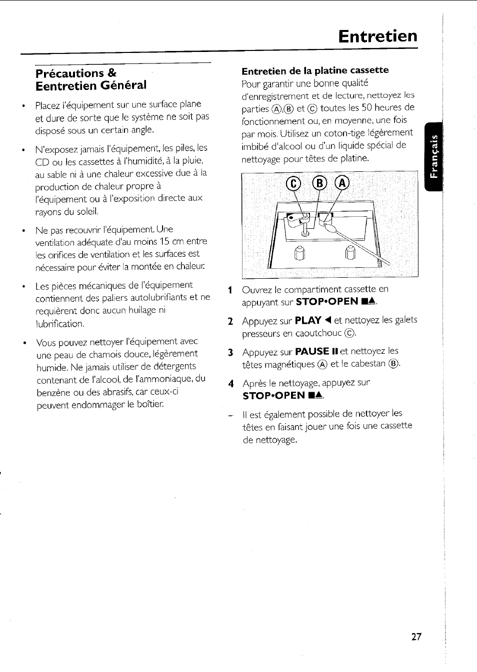 Entretien, Précautions & eentretien général | Philips AZ 1011 User Manual | Page 27 / 42