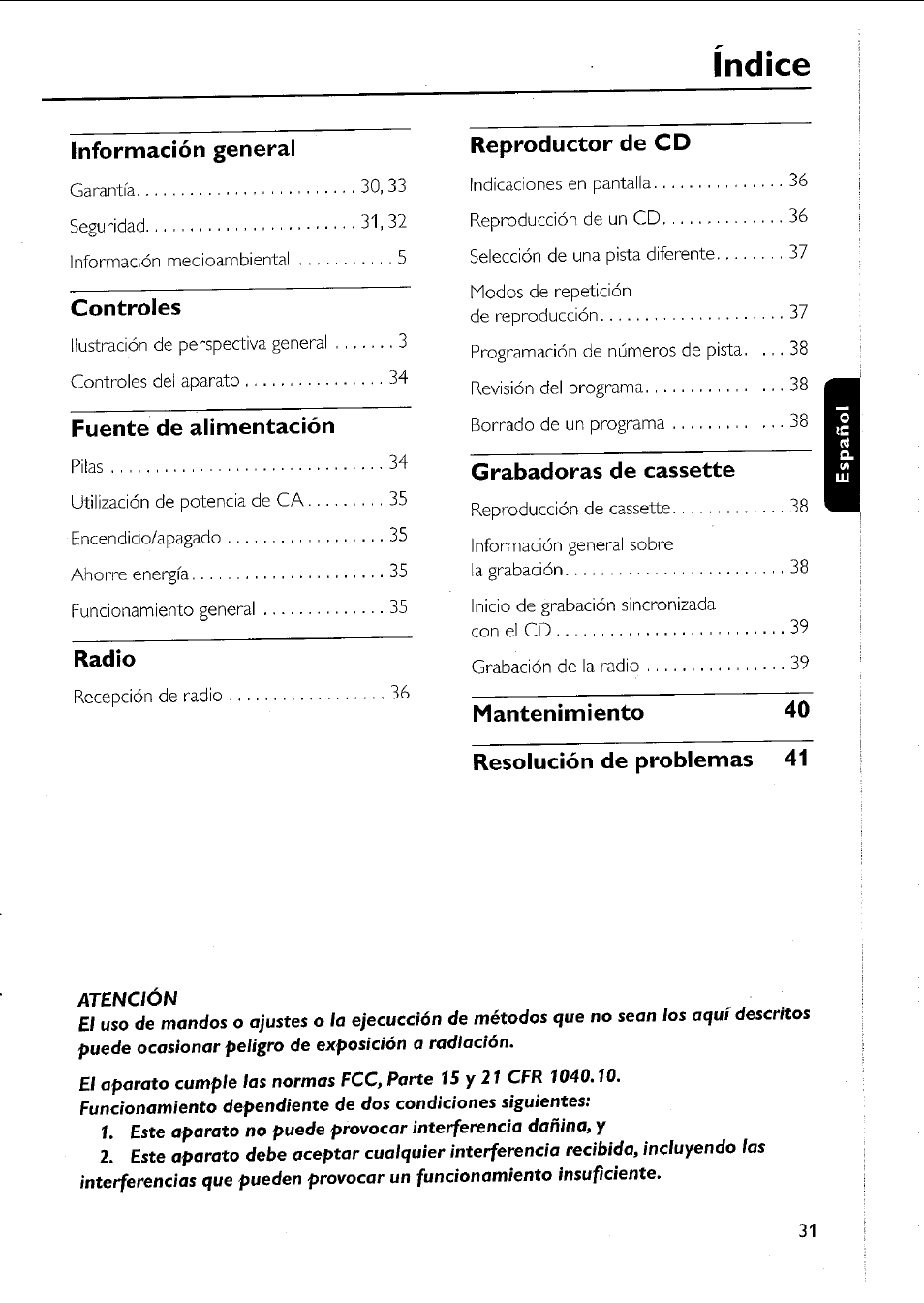 Índice, Información general, Controles | Fuente de alimentación, Radio, Reproductor de cd, Grabadoras de cassette, Mantenimiento 40 resolución de problemas 41 | Philips AZ 1011 User Manual | Page 31 / 42