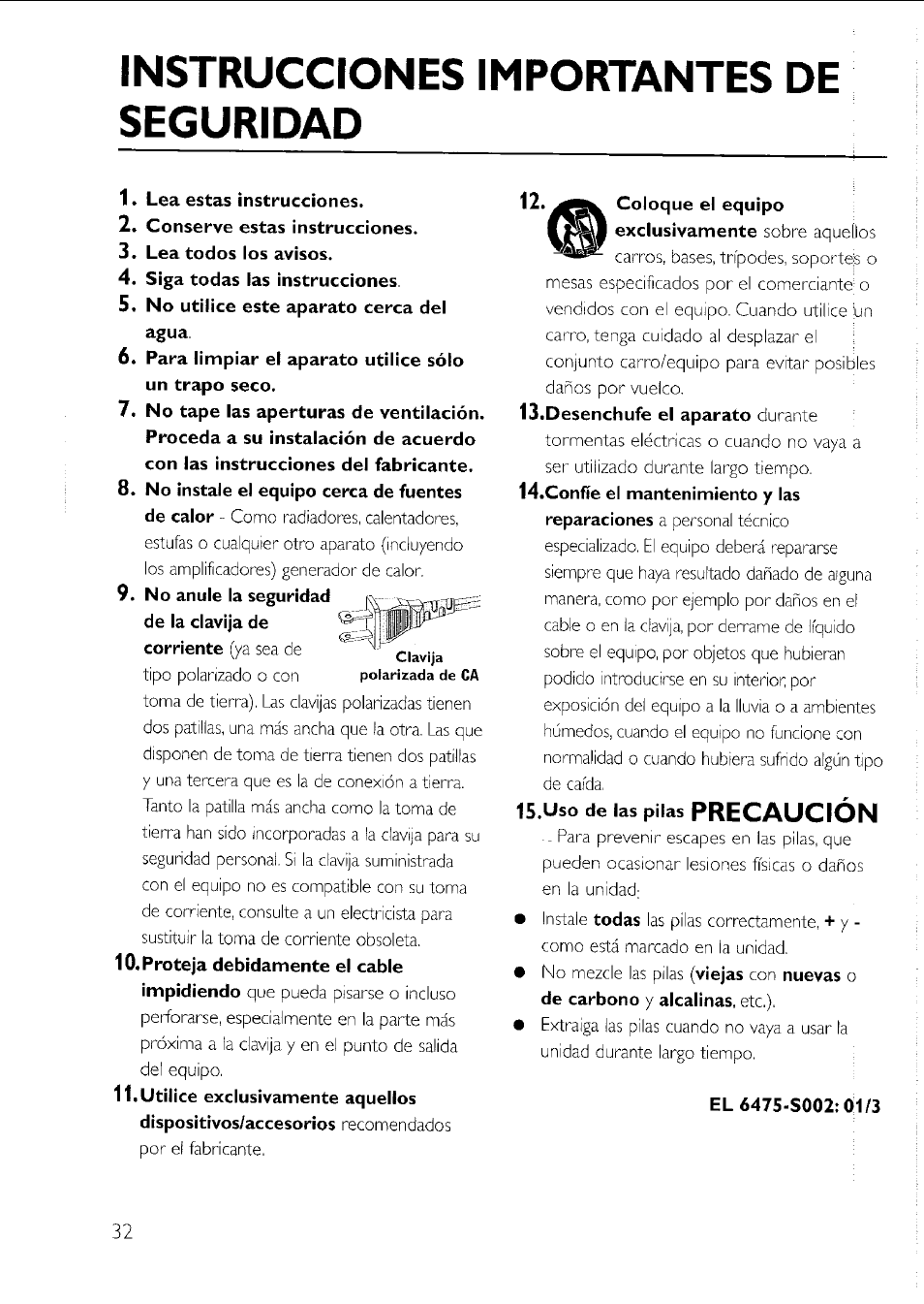 Instrucciones importantes de seguridad, Precaución | Philips AZ 1011 User Manual | Page 32 / 42