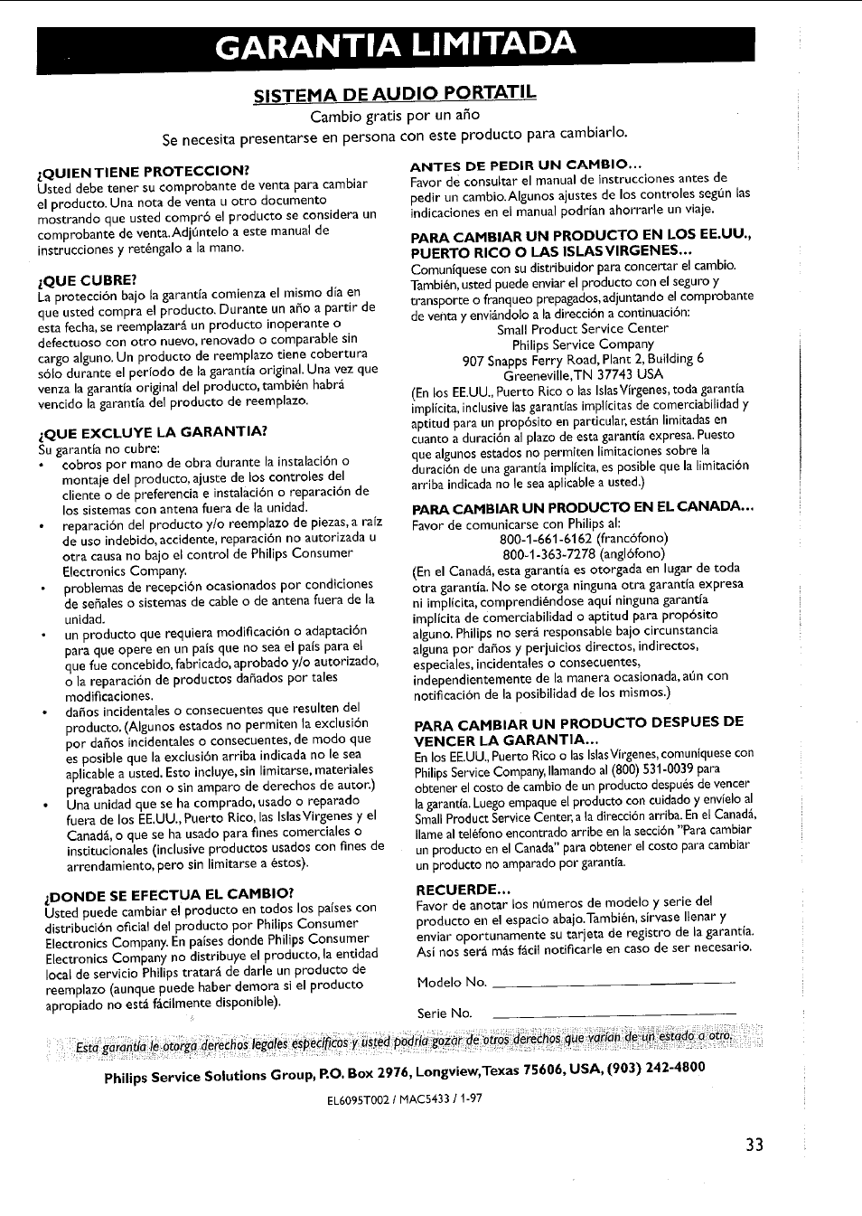 Garantia limitada, Antes de pedir un cambio, Sistema pe audio portatil | Philips AZ 1011 User Manual | Page 33 / 42