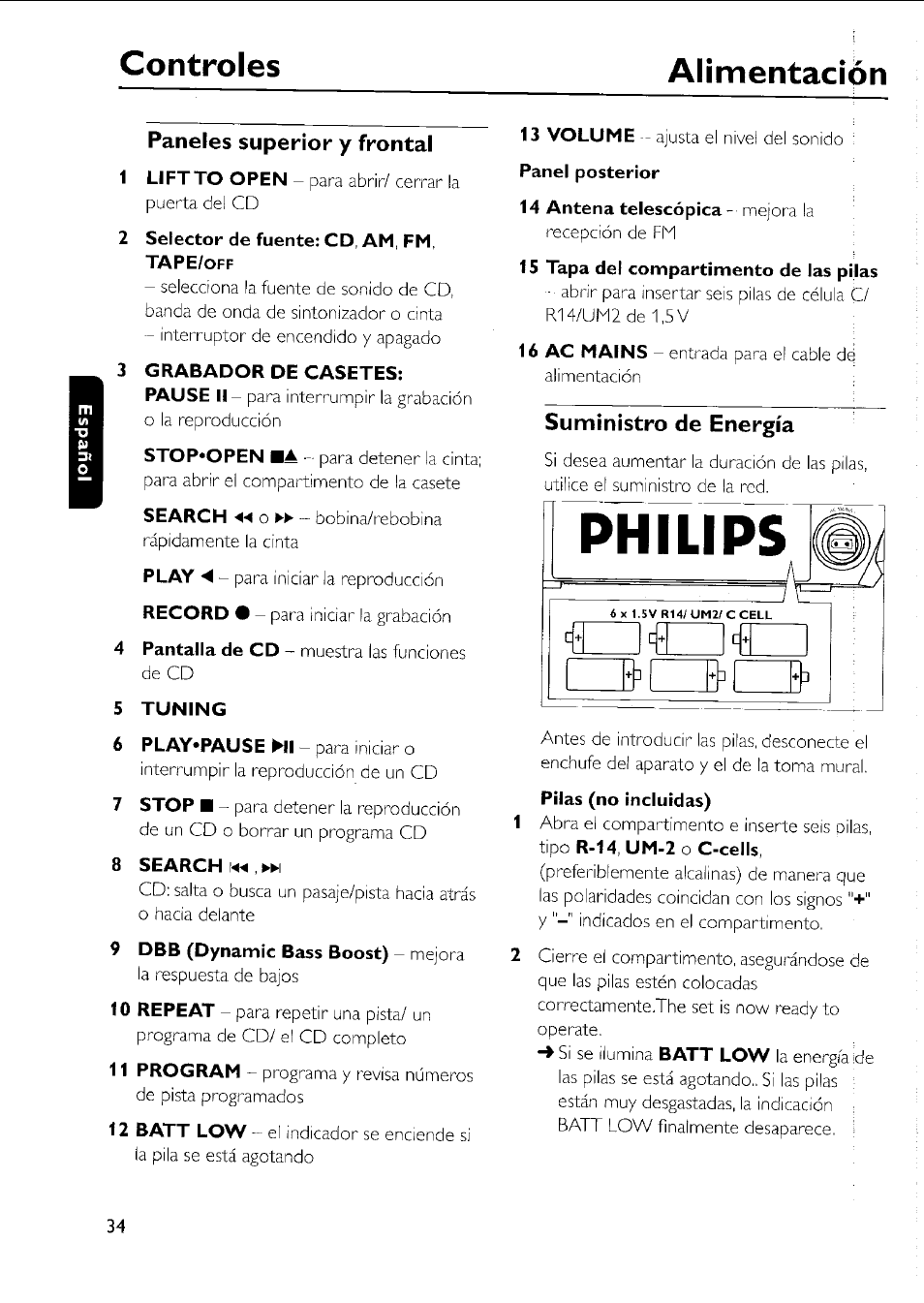 Alimentación, Controles alimentación, Paneles superior y frontal | Suministro de energía | Philips AZ 1011 User Manual | Page 34 / 42