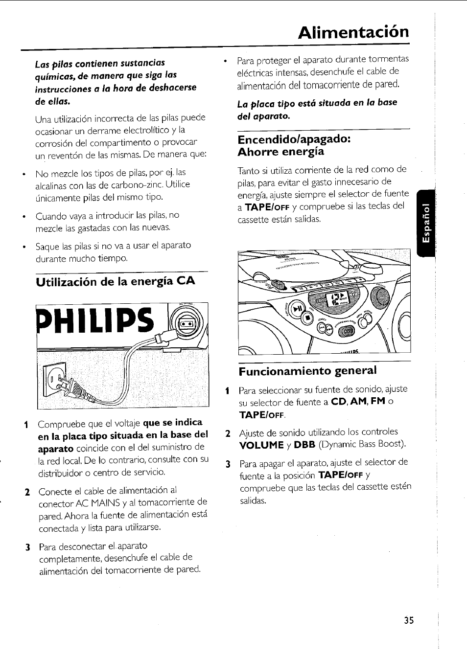 Alimentación, Utilización de la energía ca, Encendido/apagado: ahorre energía | Funcionamiento general | Philips AZ 1011 User Manual | Page 35 / 42