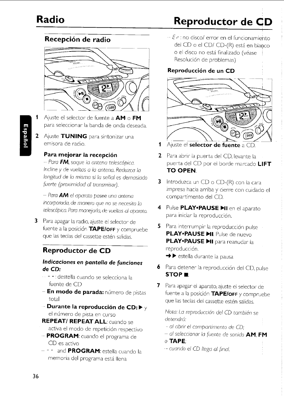 Radío reproductor de cd, Recepción de radio, Reproductor de cd | Philips AZ 1011 User Manual | Page 36 / 42