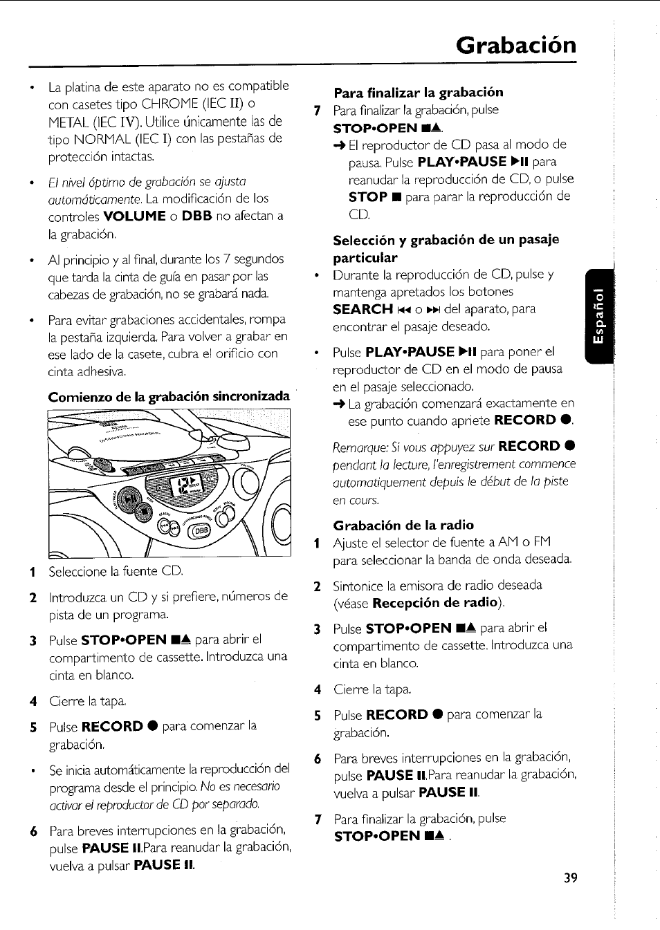 Grabación | Philips AZ 1011 User Manual | Page 39 / 42