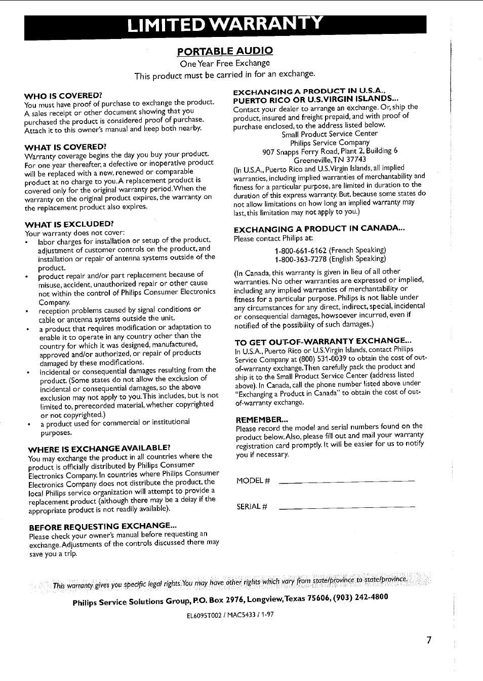 Limited warranty, Exchanging a product in u.s.a, Portable audio | Philips AZ 1011 User Manual | Page 7 / 42