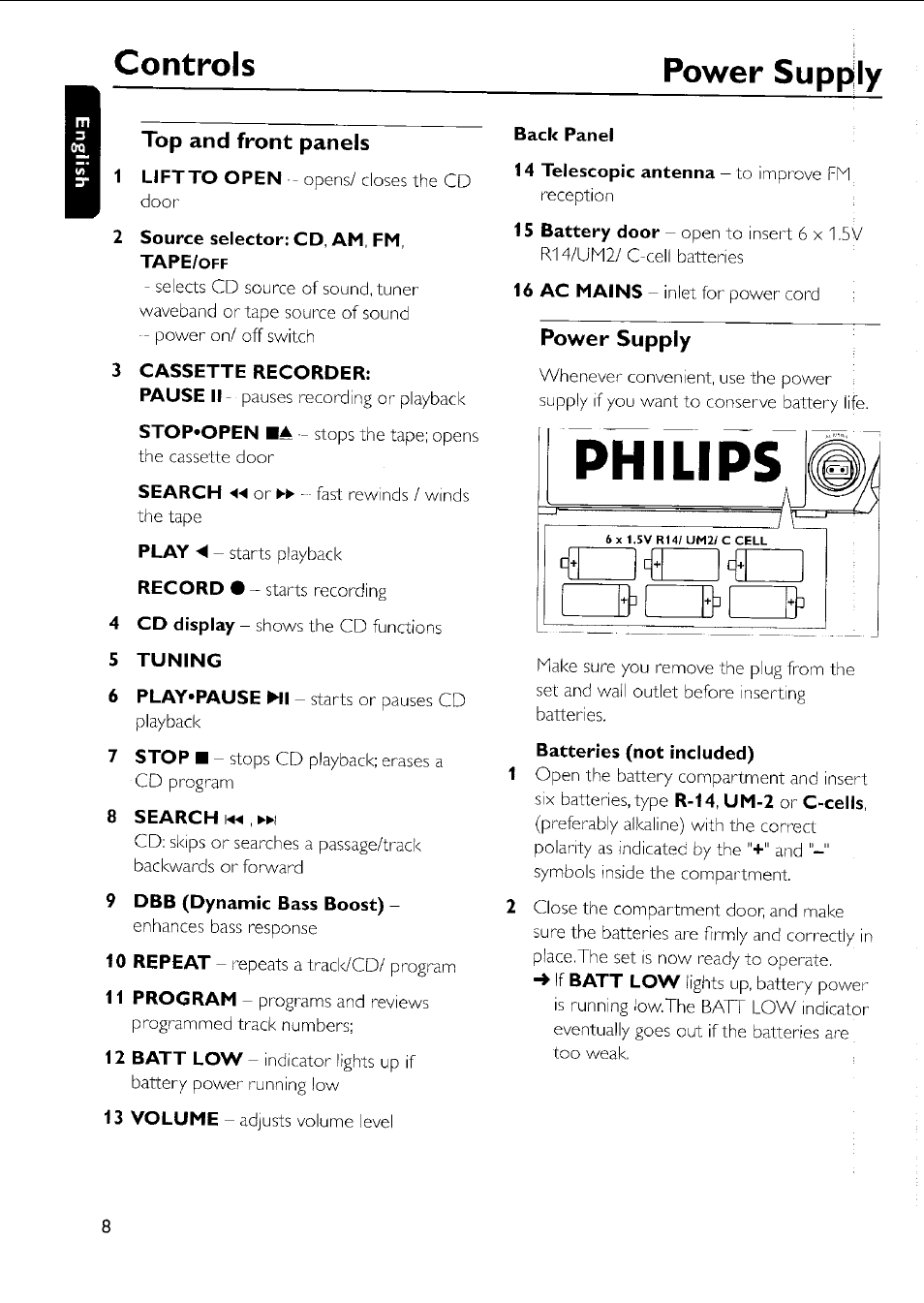 Controls power supply, Top and front panels, Power supply | Philips AZ 1011 User Manual | Page 8 / 42