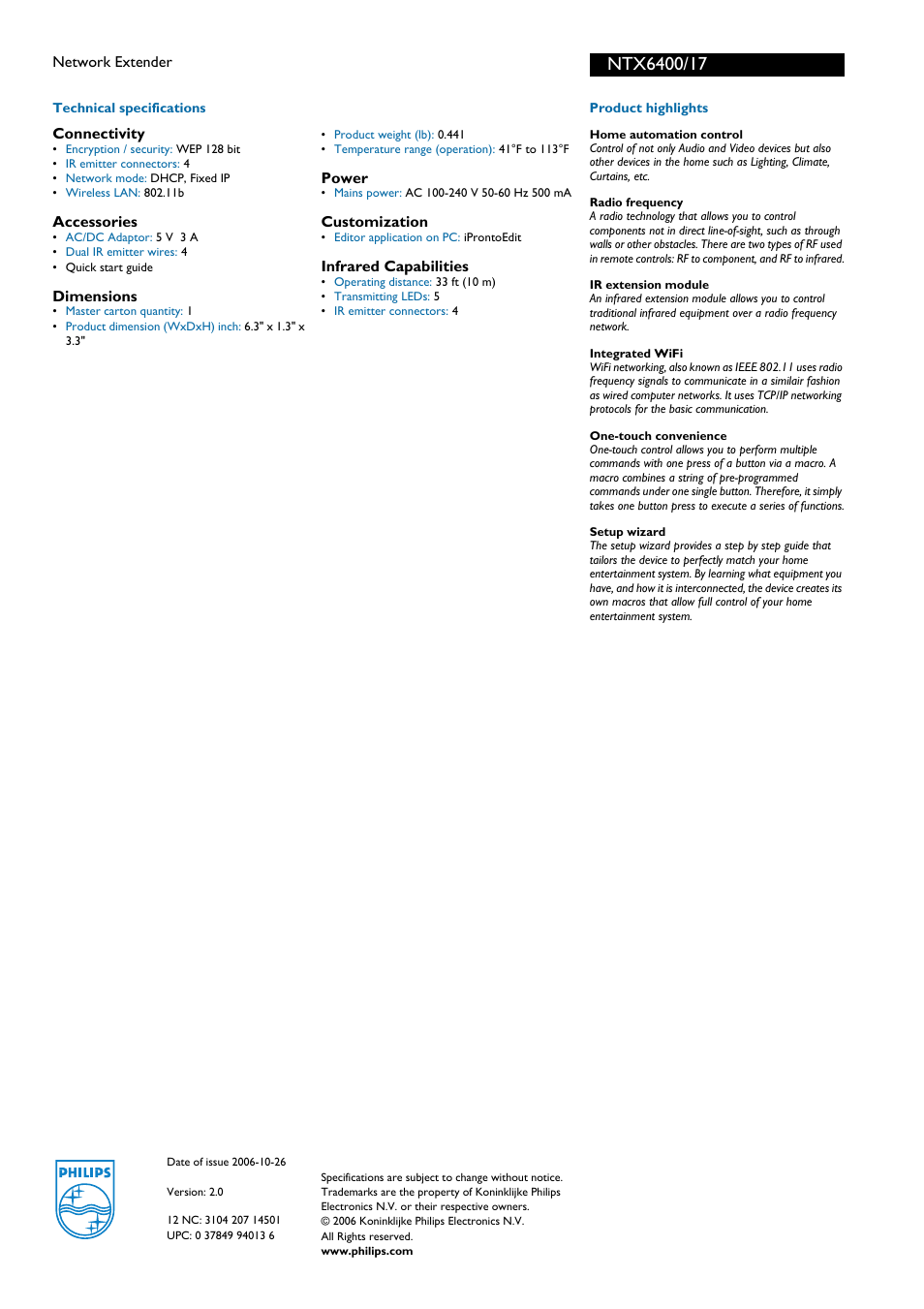 For preview purpose only | Philips NTX6400 User Manual | Page 2 / 2