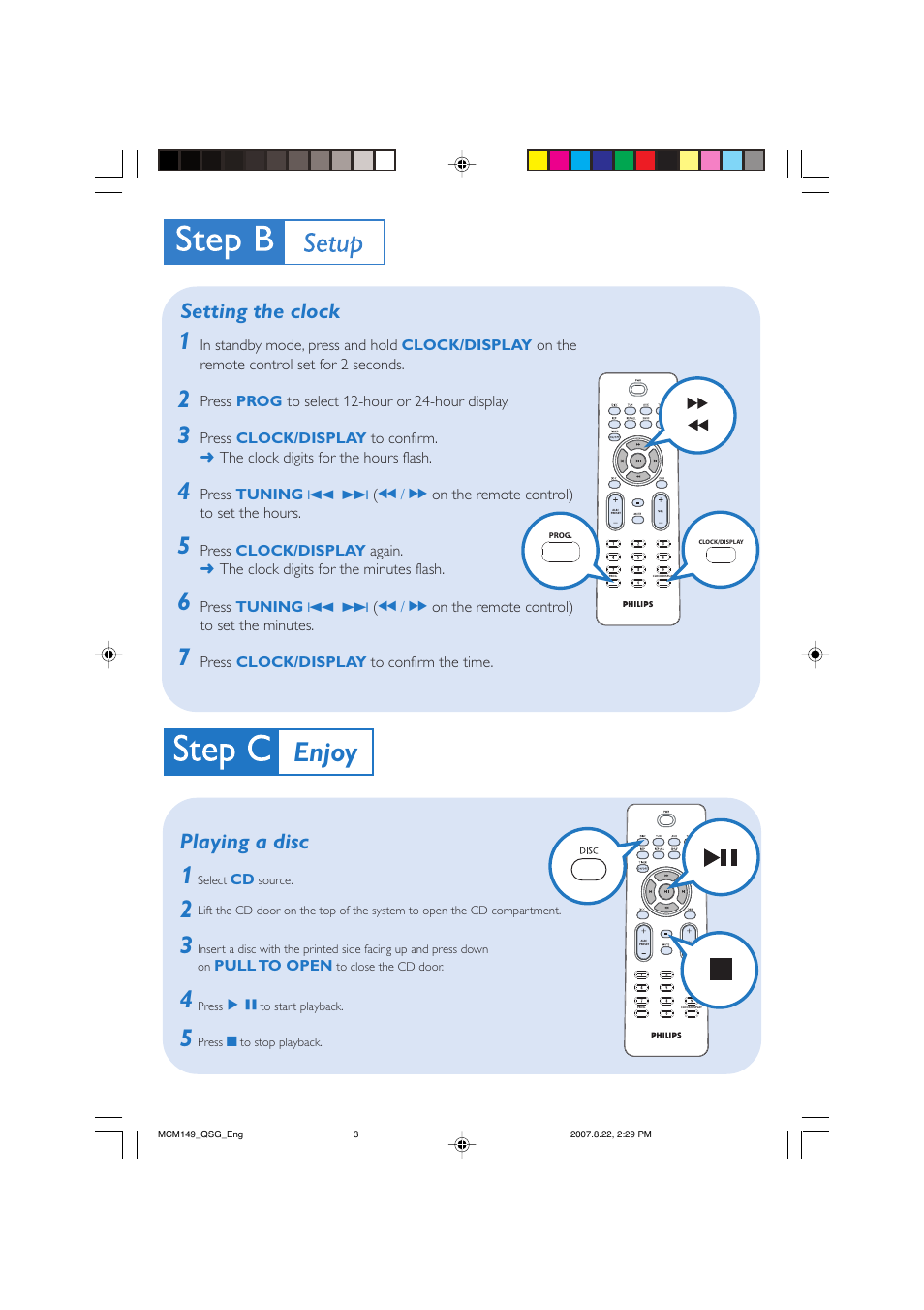 Enjoy, Setting the clock, Playing a disc | Philips MCM149 User Manual | Page 3 / 4