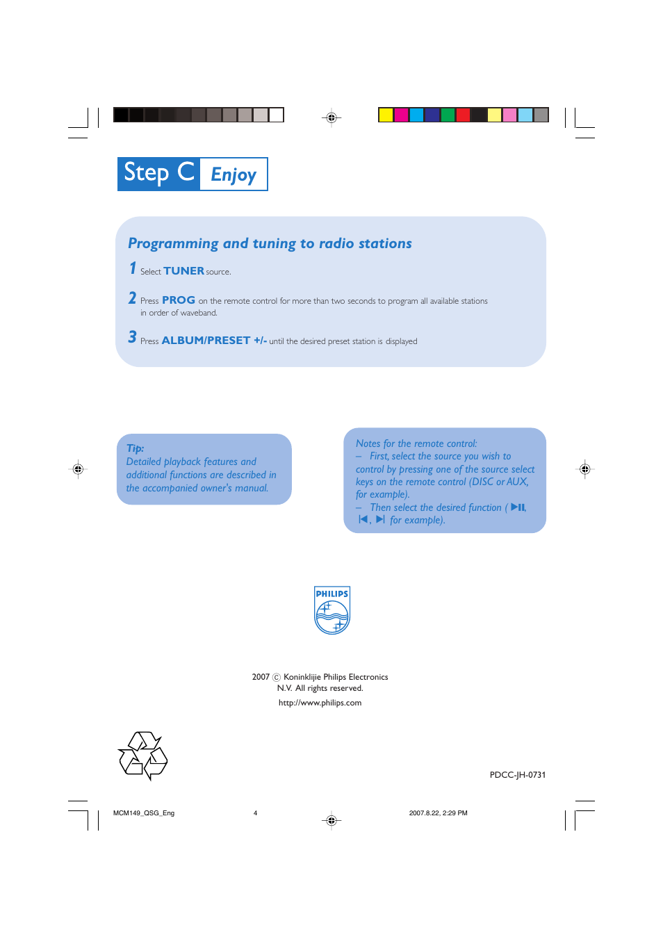 Enjoy, Programming and tuning to radio stations | Philips MCM149 User Manual | Page 4 / 4