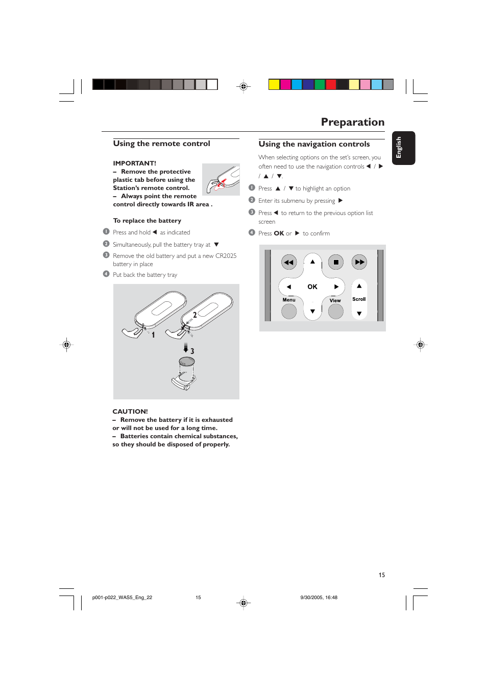 Preparation, Using the remote control, Using the navigation controls | Philips WAS5 User Manual | Page 15 / 22
