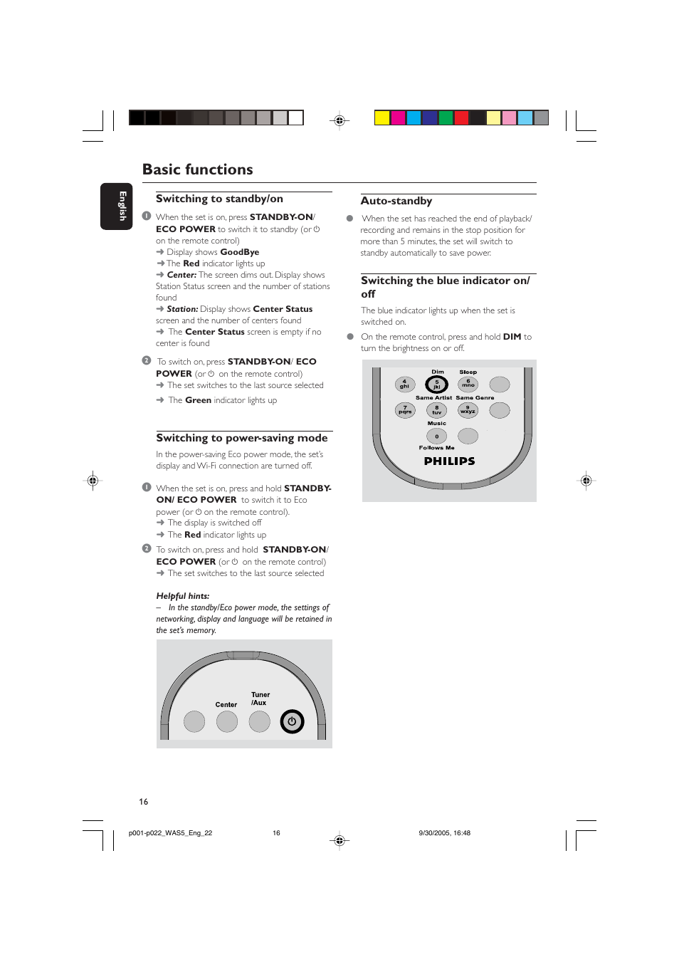 Basic functions | Philips WAS5 User Manual | Page 16 / 22