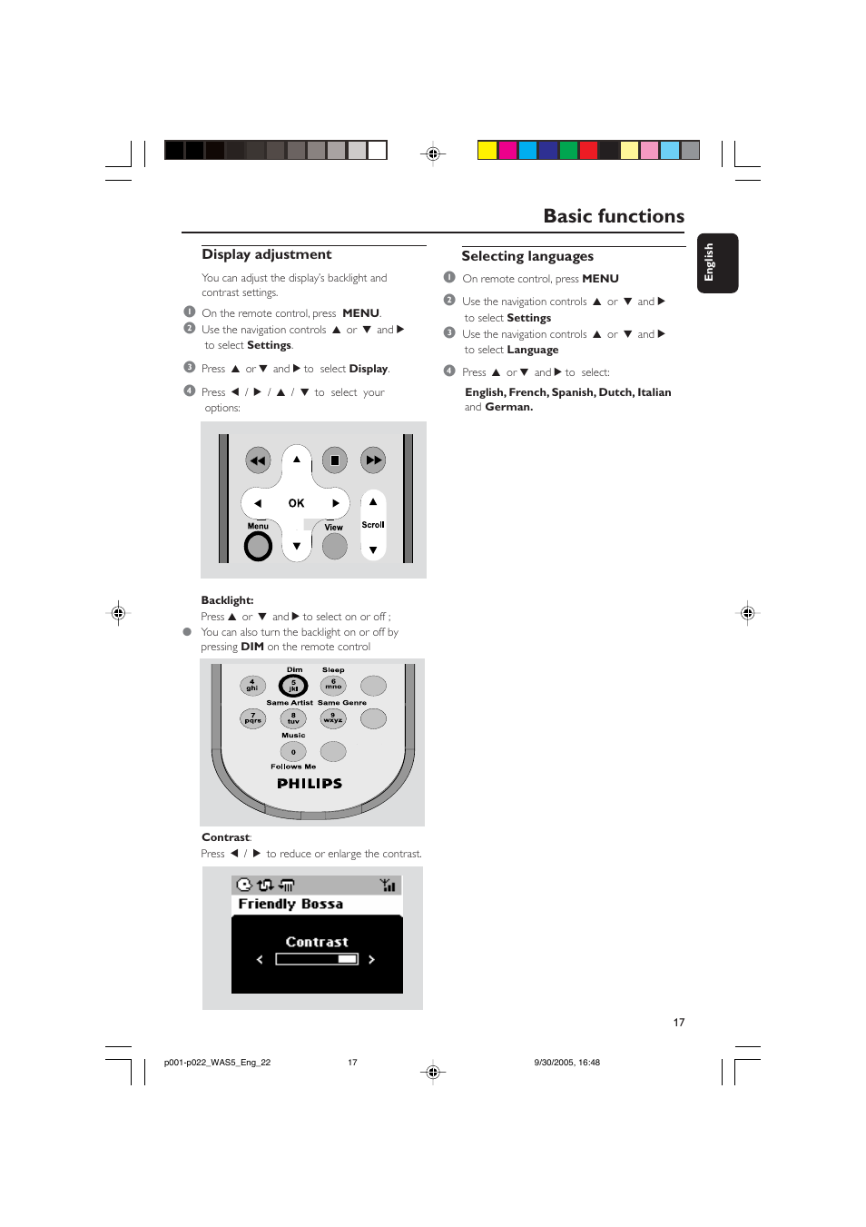 Basic functions | Philips WAS5 User Manual | Page 17 / 22