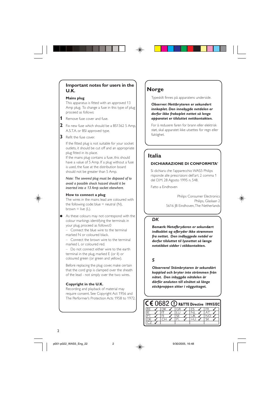 Norge, Italia | Philips WAS5 User Manual | Page 2 / 22