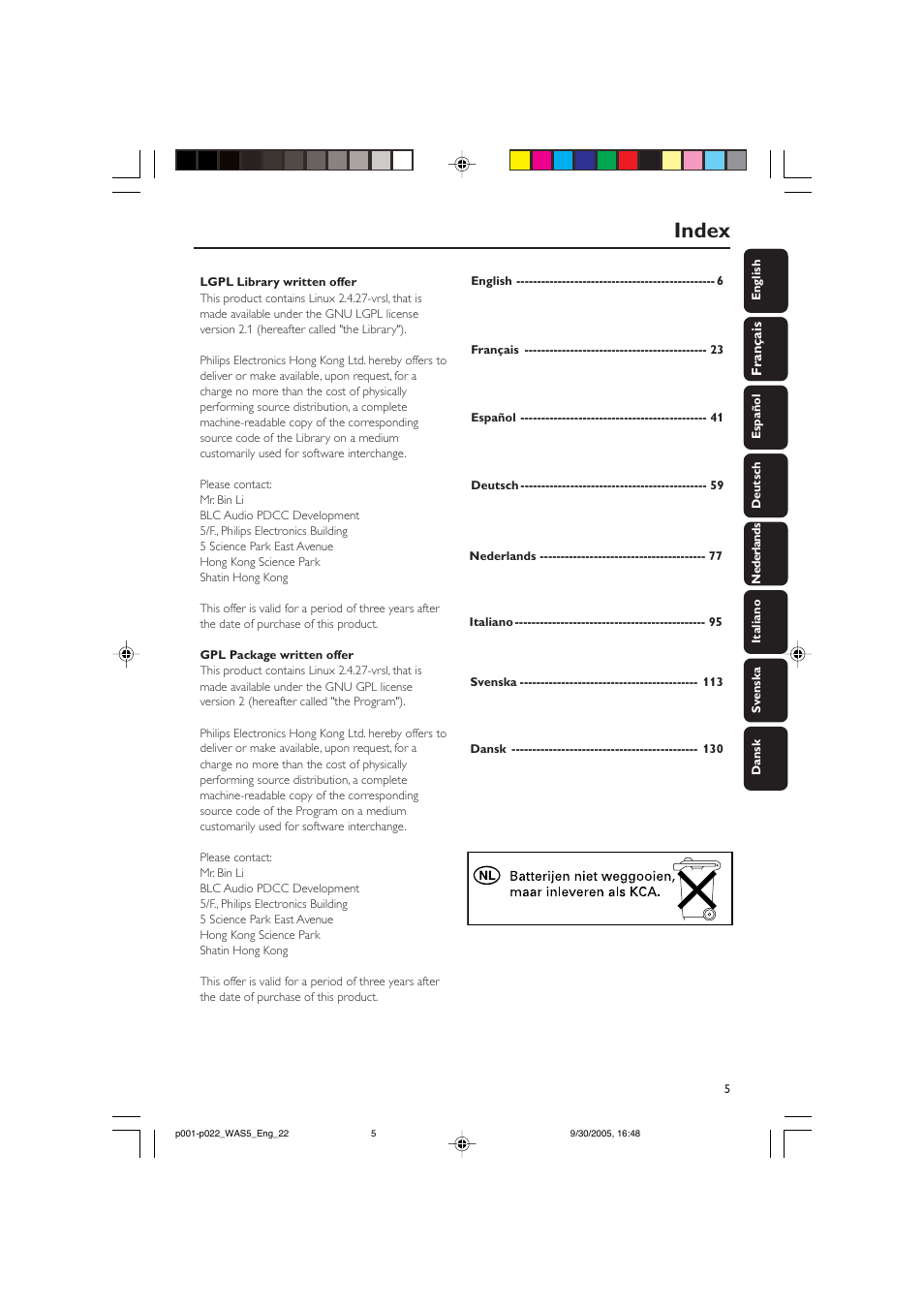 Index | Philips WAS5 User Manual | Page 5 / 22
