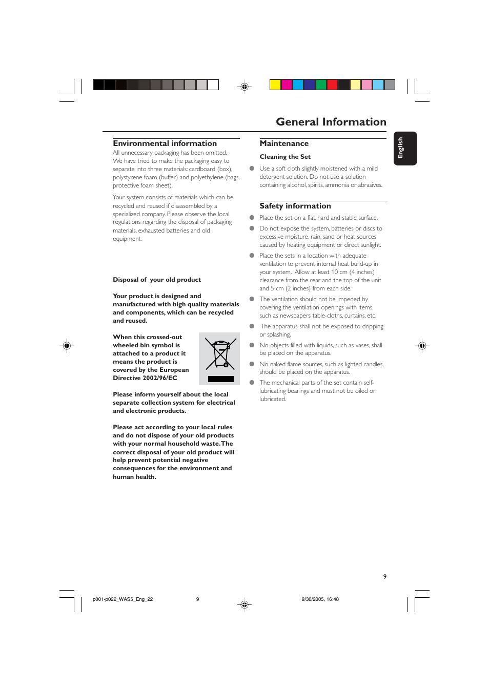 General information, Environmental information, Maintenance | Safety information | Philips WAS5 User Manual | Page 9 / 22
