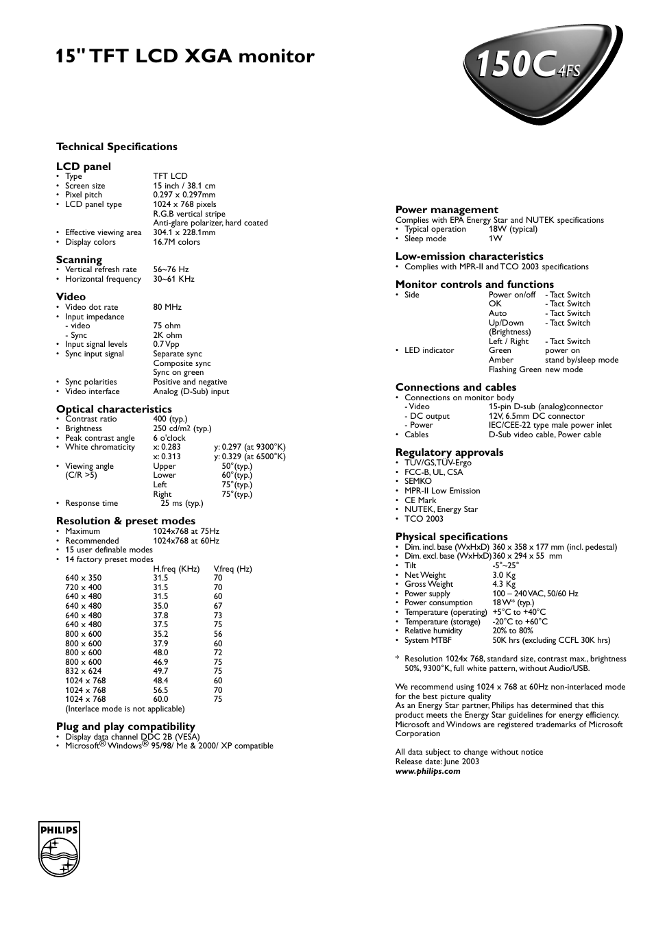 150c, 15" tft lcd xga monitor | Philips 150C User Manual | Page 2 / 2