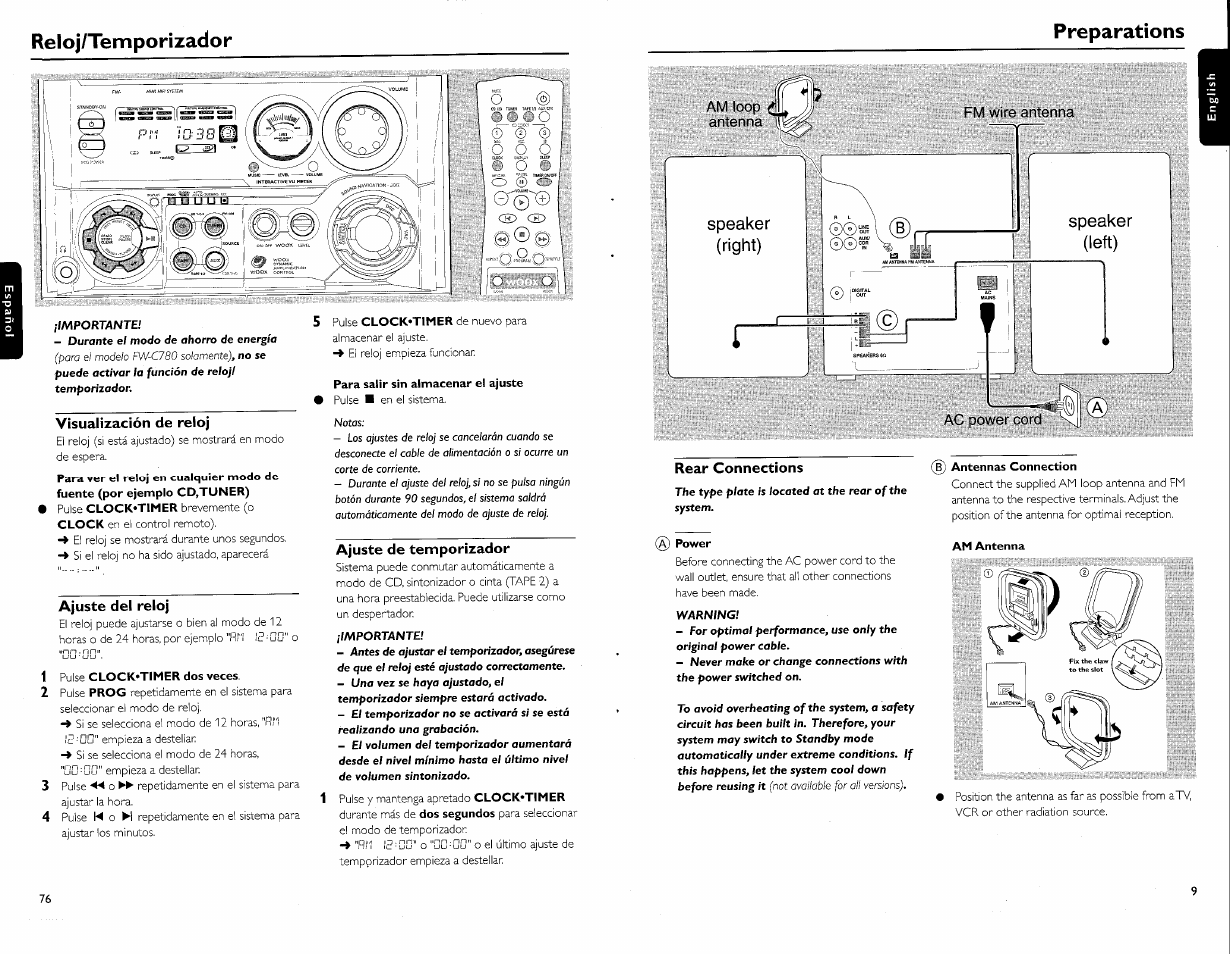 Reloj/temporizador, Visualización de reloj, Ajuste del reloj | 1 pulse clock*timer dos veces, Para salir sin almacenar el ajuste, Ajuste de temporizador, Rear connections, I power, Antennas connection, Am antenna | Philips FW-C700 User Manual | Page 17 / 52