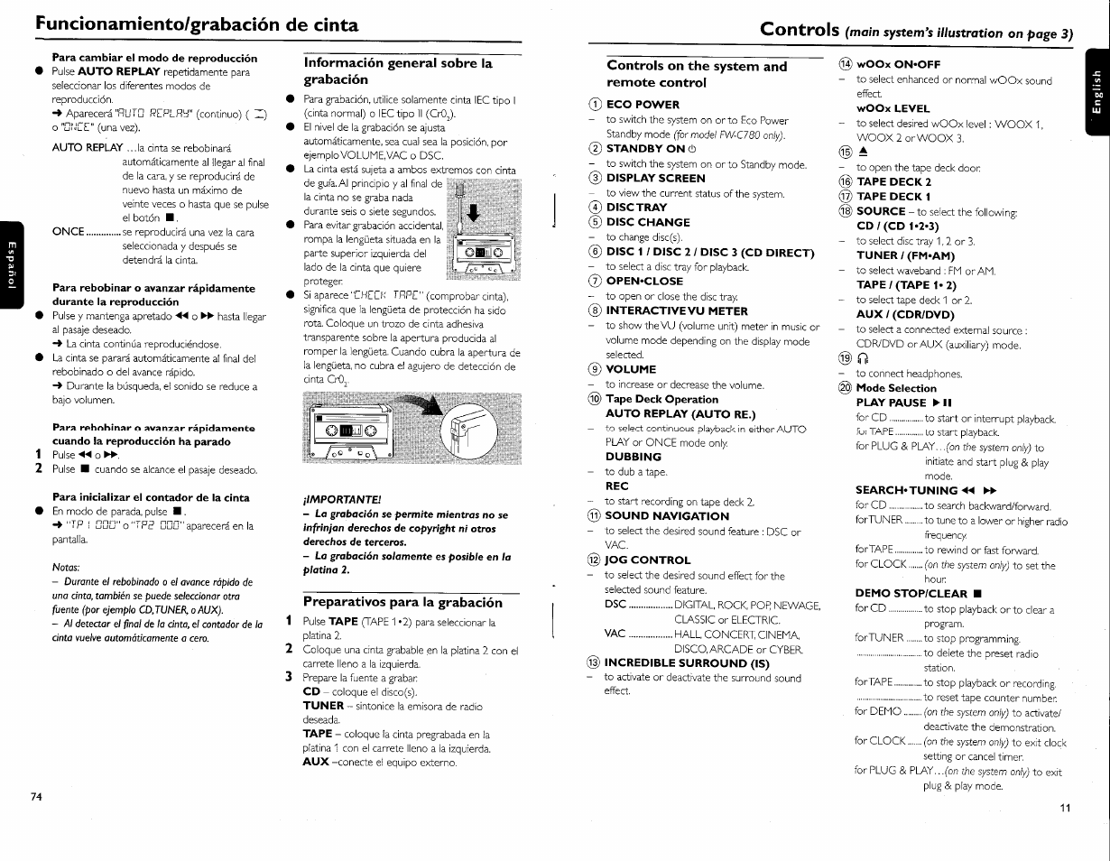 Para cambiar el modo de reproducción, Para inicializar el contador de la cinta, Información general sobre la grabación | Preparativos para la grabación, Controls on the system and remote control, Controls on the system and remote, Control -12, Funcìonamìento/grabación de cinta, Illustration, Page 3) | Philips FW-C700 User Manual | Page 21 / 52