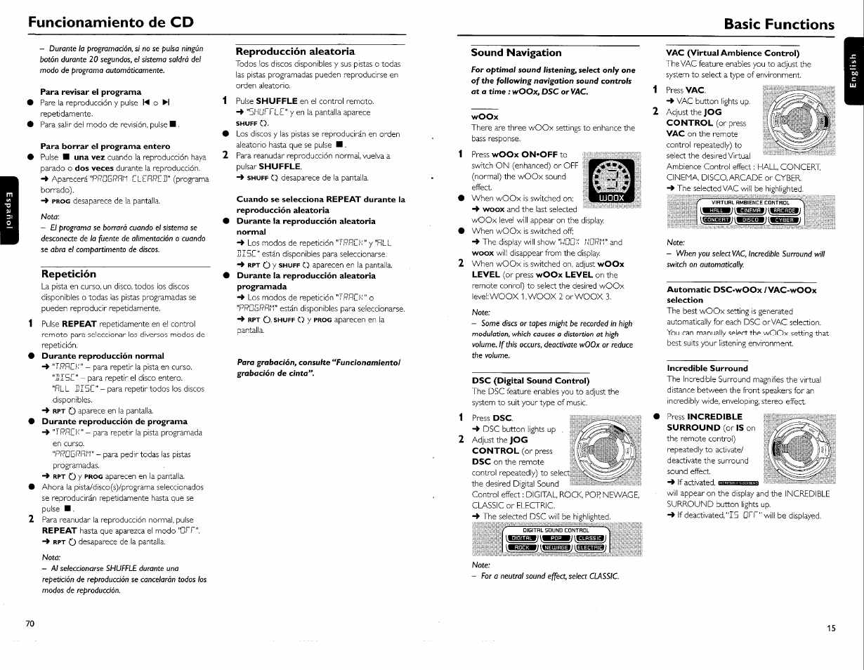 Funcionamiento de cd, Basic functions, Para revisar el programa | Para borrar el programa entero, Repetición, Reproducción aleatoria, 9 durante la reproducción aleatoria programada, Sound navigation, Woox, Dsc (digital sound control) | Philips FW-C700 User Manual | Page 25 / 52