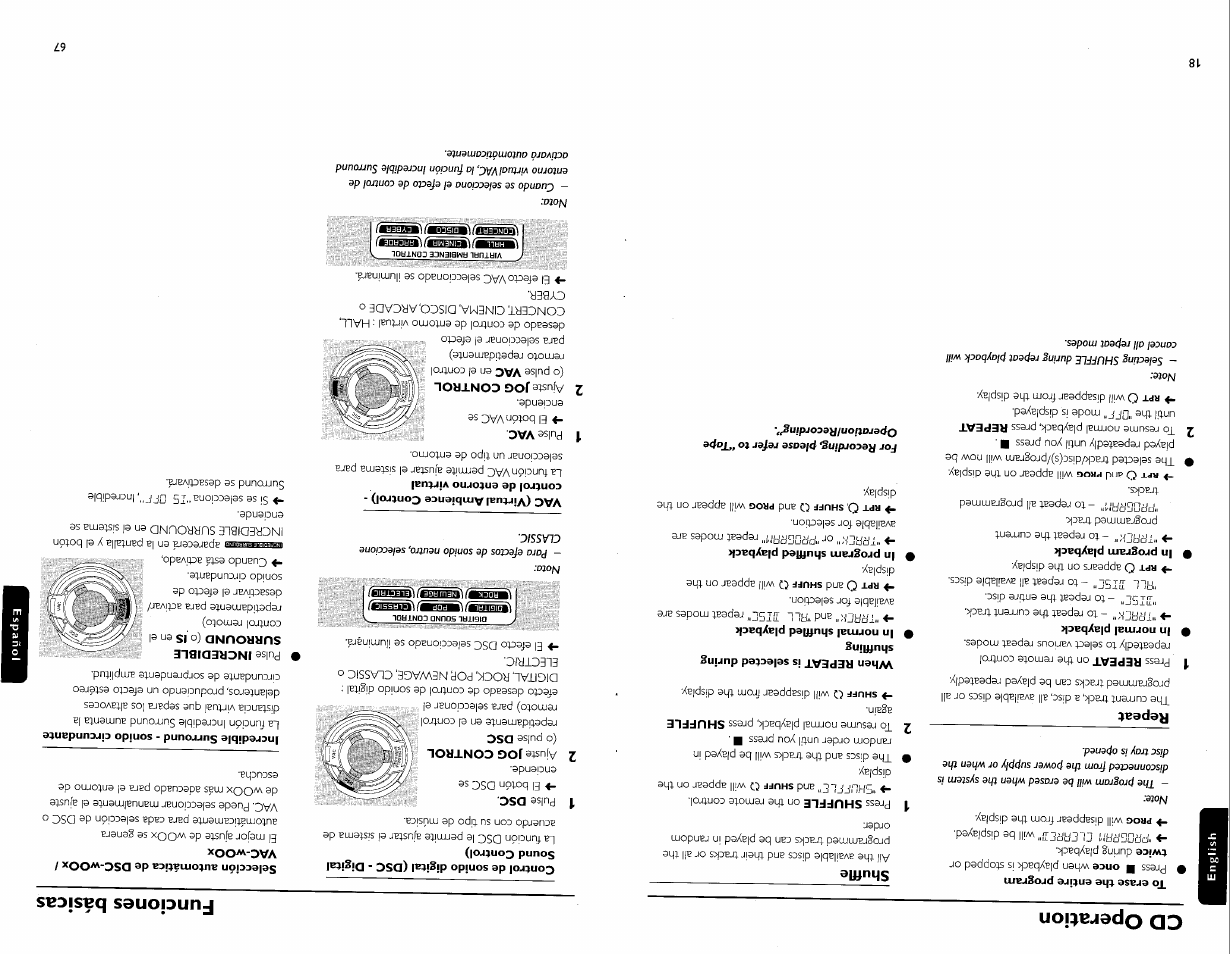 Cd operation, Repeat, 9 in normal playback | 9 in program playback, Shuffle, When repeat is selected during shuffling, 9 in normal shuffled playback, 9 in program shuffled playback, Selección automática de dsc-woox / vac-woox, Incredible surround - sonido circundante | Philips FW-C700 User Manual | Page 28 / 52