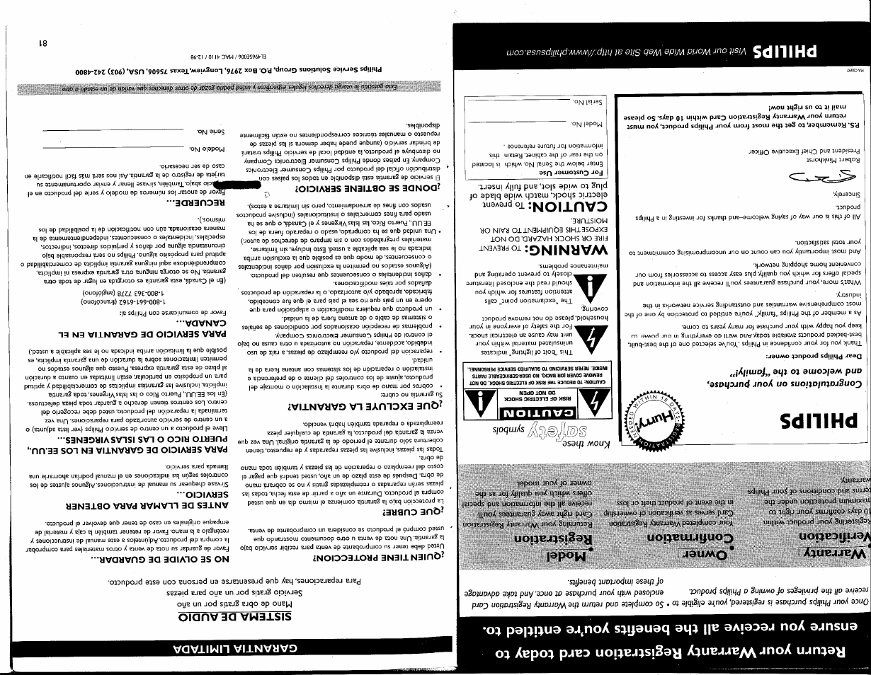 Garantia limitada, Sistema de audio, Philips | Warning, Caution, Гггппгтя, Warranty verification, Owner confirmation, Model registration | Philips FW-C700 User Manual | Page 3 / 52