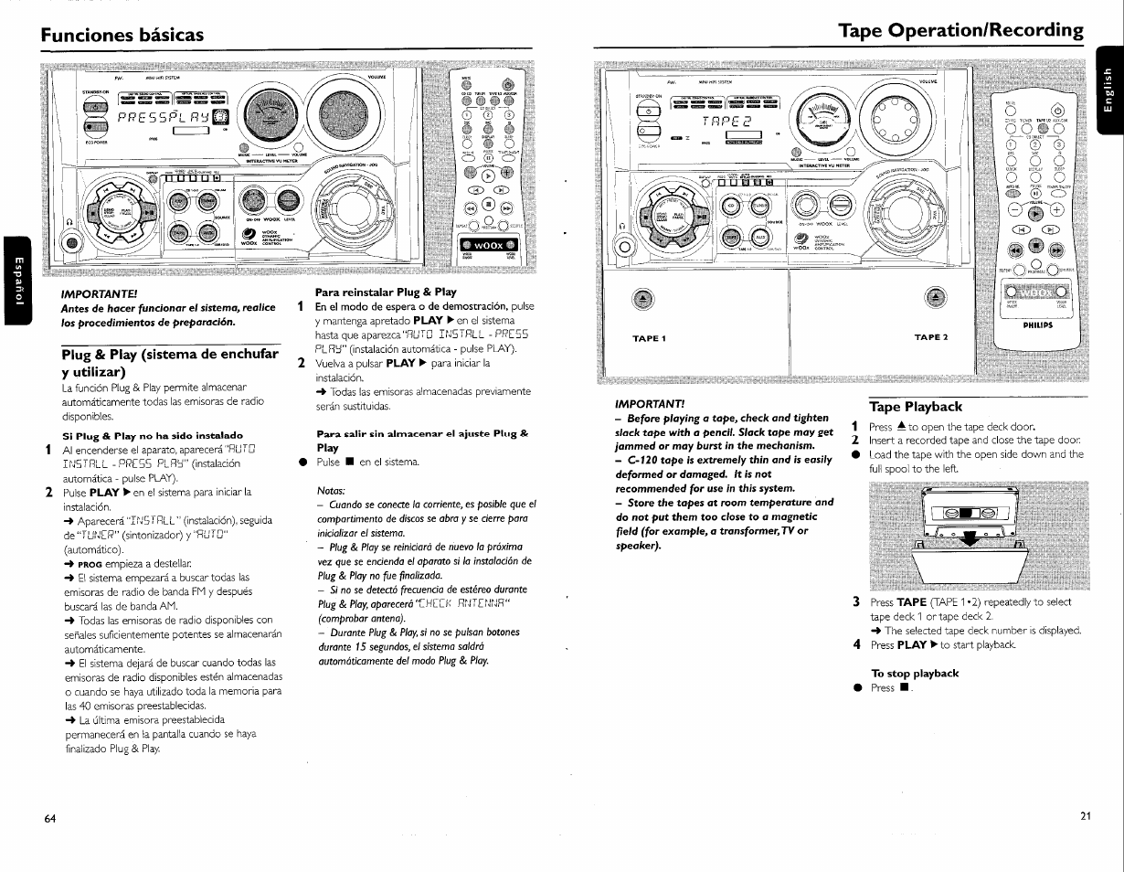 Funciones básicas, Woox, Plug & play (sistema de enchufar y utilizar) | Para reinstalar plug & play, Para salir sin almacenar el ajuste plug & play, Tape operation/recording, Tape playback, To stop playback, Tape playback -22 | Philips FW-C700 User Manual | Page 31 / 52