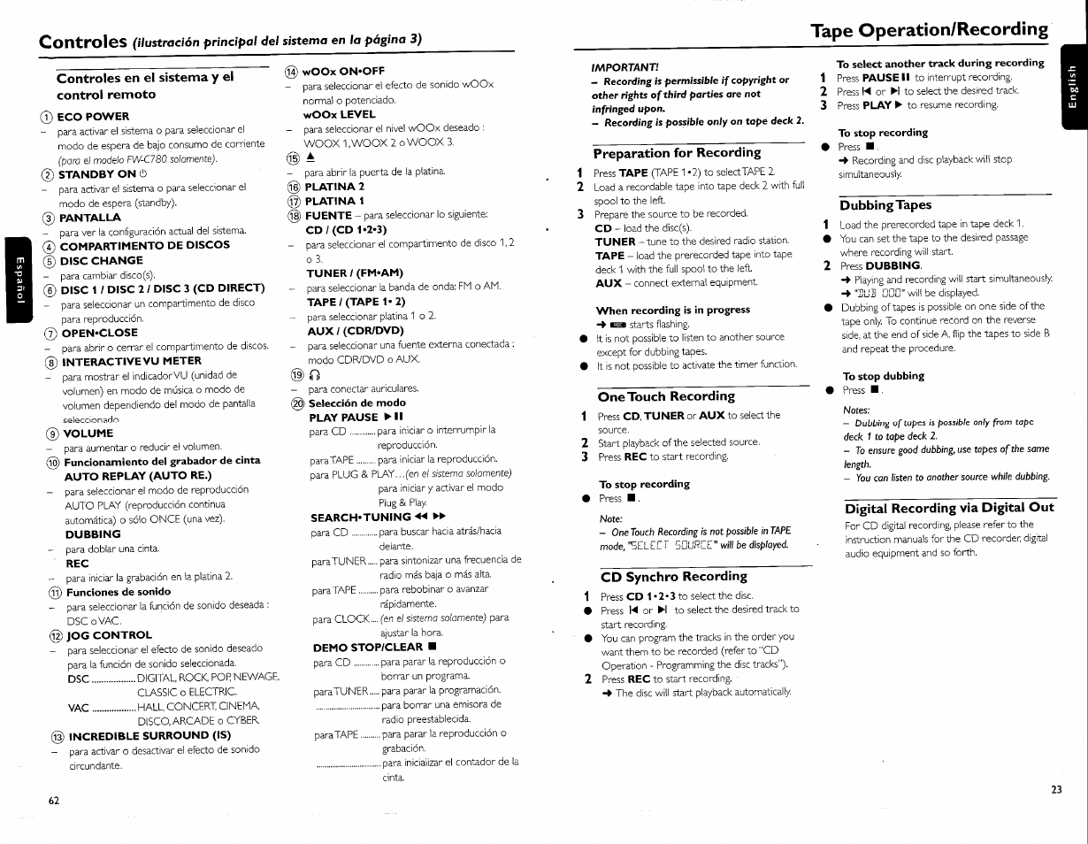 Tape operation/recording, Controles | Philips FW-C700 User Manual | Page 33 / 52