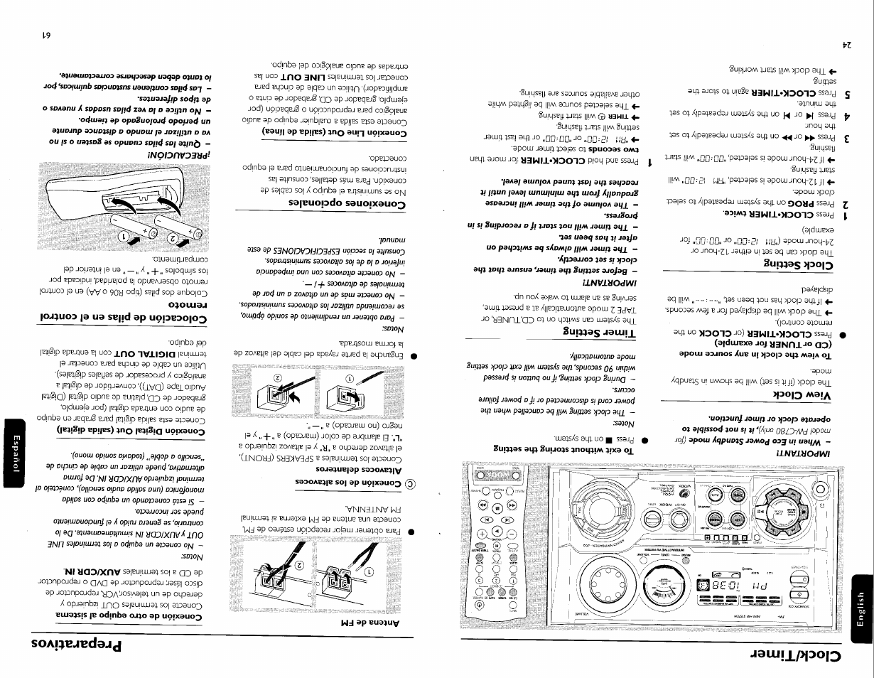 Preparativos, View clock, Clock setting | 1 press clock-timer twice, To exit without storing the setting, Timer setting, Antena de fm, Conexión de ios aitavoces altavoces delanteros, Conexiones opcionales, Conexión line out (salida de línea) | Philips FW-C700 User Manual | Page 34 / 52