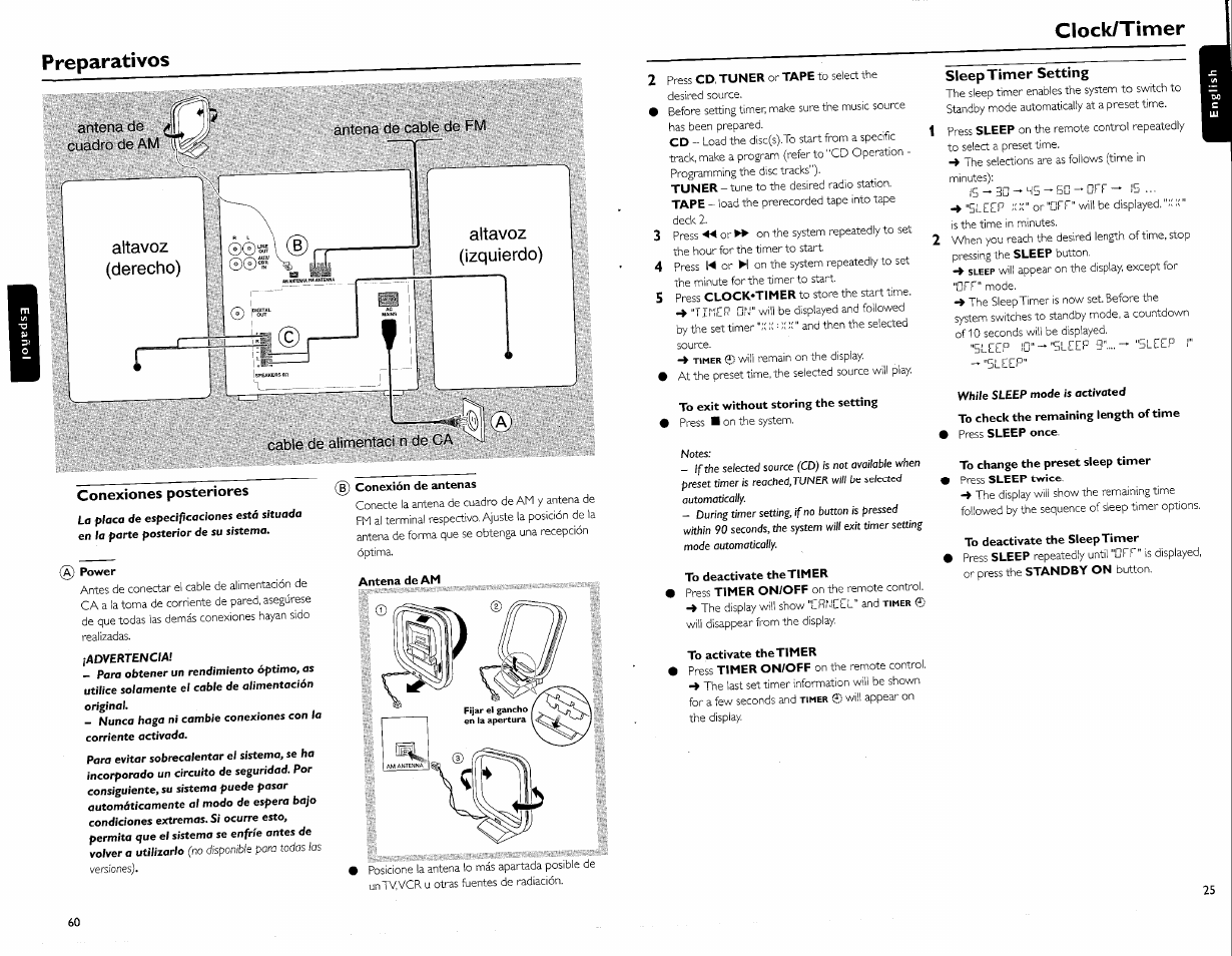 Preparativos, Conexiones posteriores, Power | Conexión de antenas, Antena de am, To exit without storing the setting, To activate the timer, Sleep timer setting, To deactivate the timer, To change the preset sleep timer press sleep twice | Philips FW-C700 User Manual | Page 35 / 52