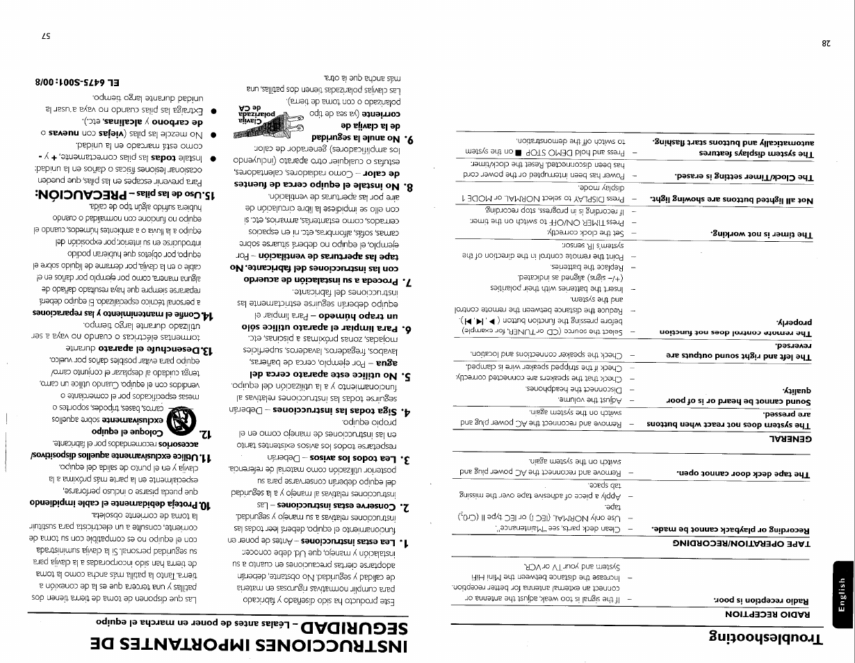 Troubleshooting, Instrucciones importantes de seguridad, Precaución | Philips FW-C700 User Manual | Page 38 / 52