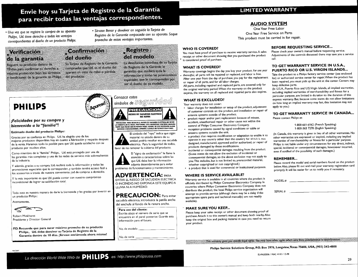Advertencia: para, Philips, Advertencia | Precaucion, Limited warranty, Verificación de la garantía, Confirmación del dueño, Registro del modelo | Philips FW-C700 User Manual | Page 39 / 52