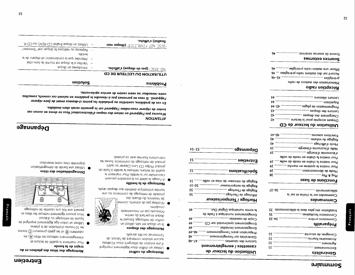 Sommaire, Nettoyage du coffret, Démagnétisation des têtes | Dépannage, Utilisation du lecteur de cd, Sommaire entretien | Philips FW-C700 User Manual | Page 42 / 52