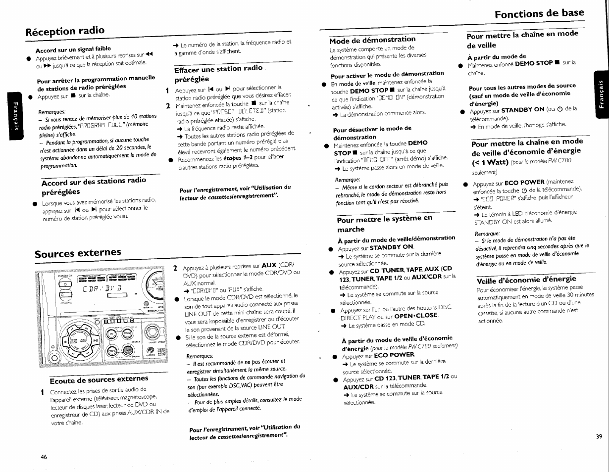 Réception radio, Accord sur un signal faible, Sources externes | Pour activer le mode de démonstration, Pour désactiver le mode de démonstration, Réception radio fonctions de base | Philips FW-C700 User Manual | Page 49 / 52