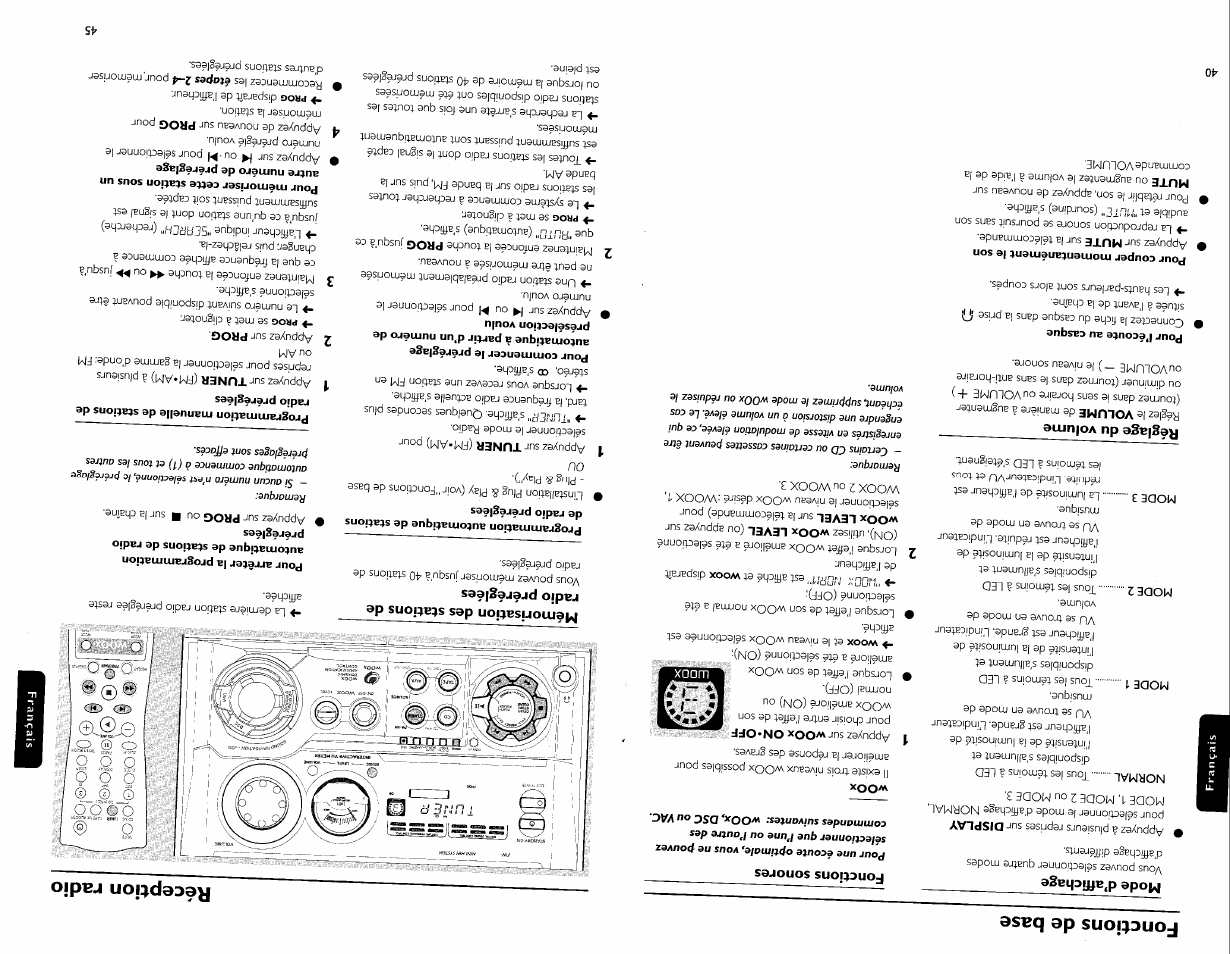 Réception radio, Mode d’affichage, Pour l’écoute au casque | Pour couper momentanément le son, Fonctions sonores, Woox, Mémorisation des stations de radio préréglées, Fonctions sonores —41, Fonctions de base réception radio, 5 5 ф | Philips FW-C700 User Manual | Page 50 / 52