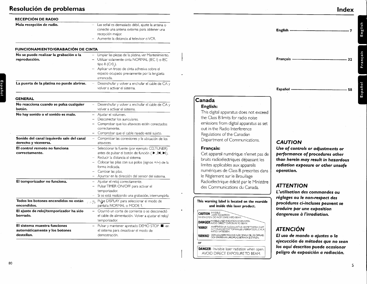 Resolución de problemas, Index, English | Français, Españoi, Canada, Caution, Attention, Atención | Philips FW-C700 User Manual | Page 9 / 52