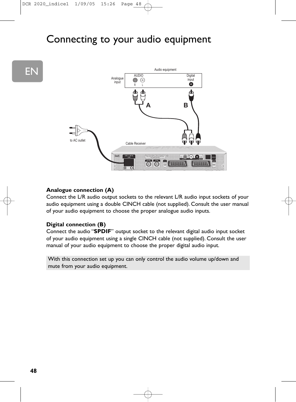 48 connecting to your audio equipment, Connecting to your audio equipment | Philips DCR 2020 User Manual | Page 14 / 36