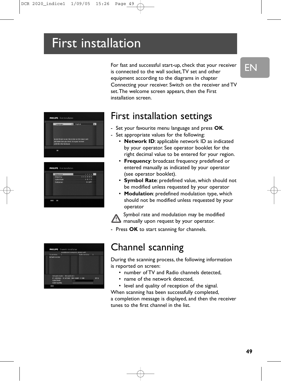 49 first installation, 49 first installation settings 49 channel scanning, First installation | First installation settings, Channel scanning | Philips DCR 2020 User Manual | Page 15 / 36