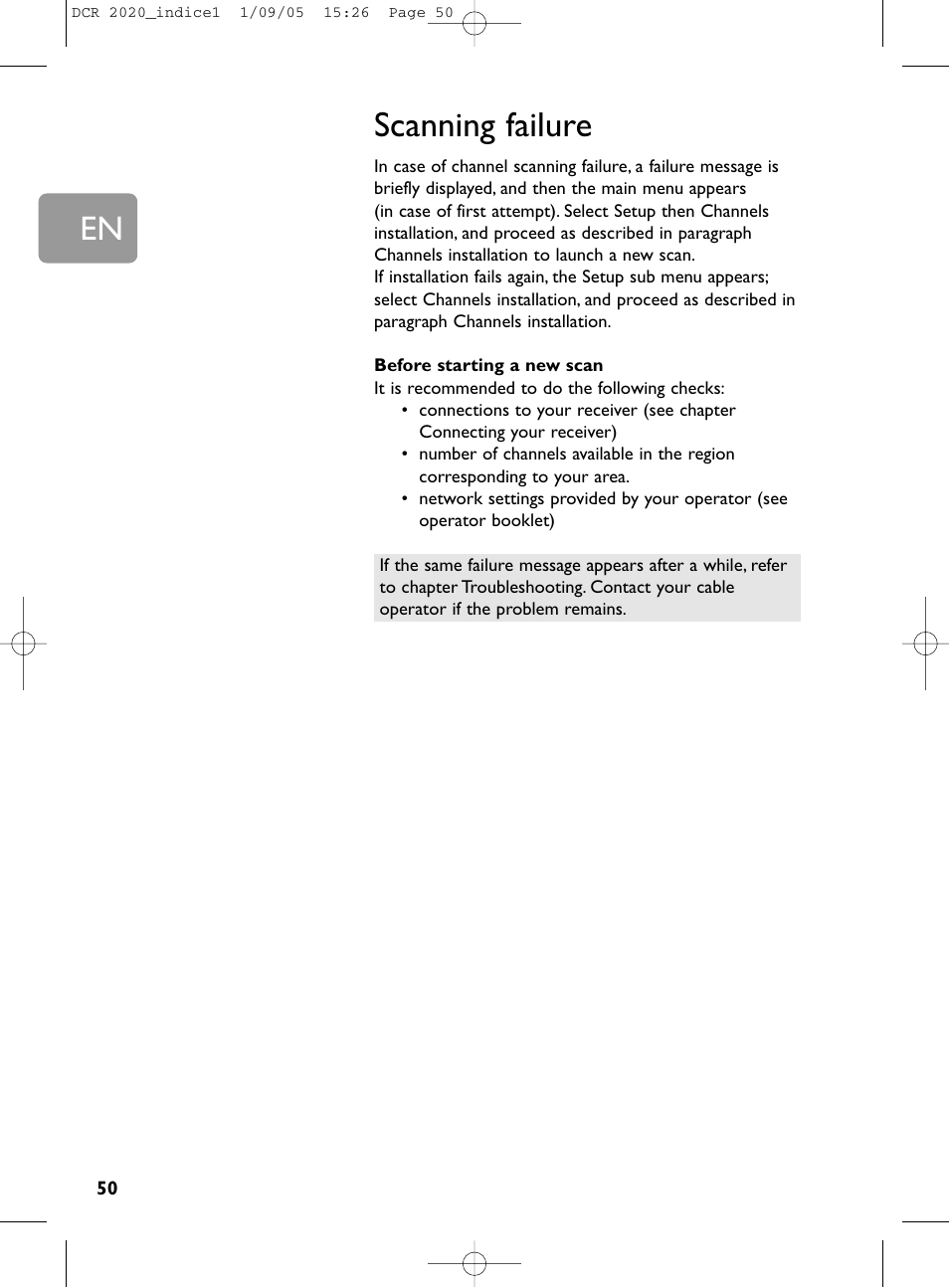 50 scanning failure, Scanning failure | Philips DCR 2020 User Manual | Page 16 / 36