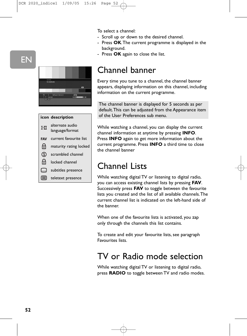 Channel banner, Channel lists, Tv or radio mode selection | Philips DCR 2020 User Manual | Page 18 / 36